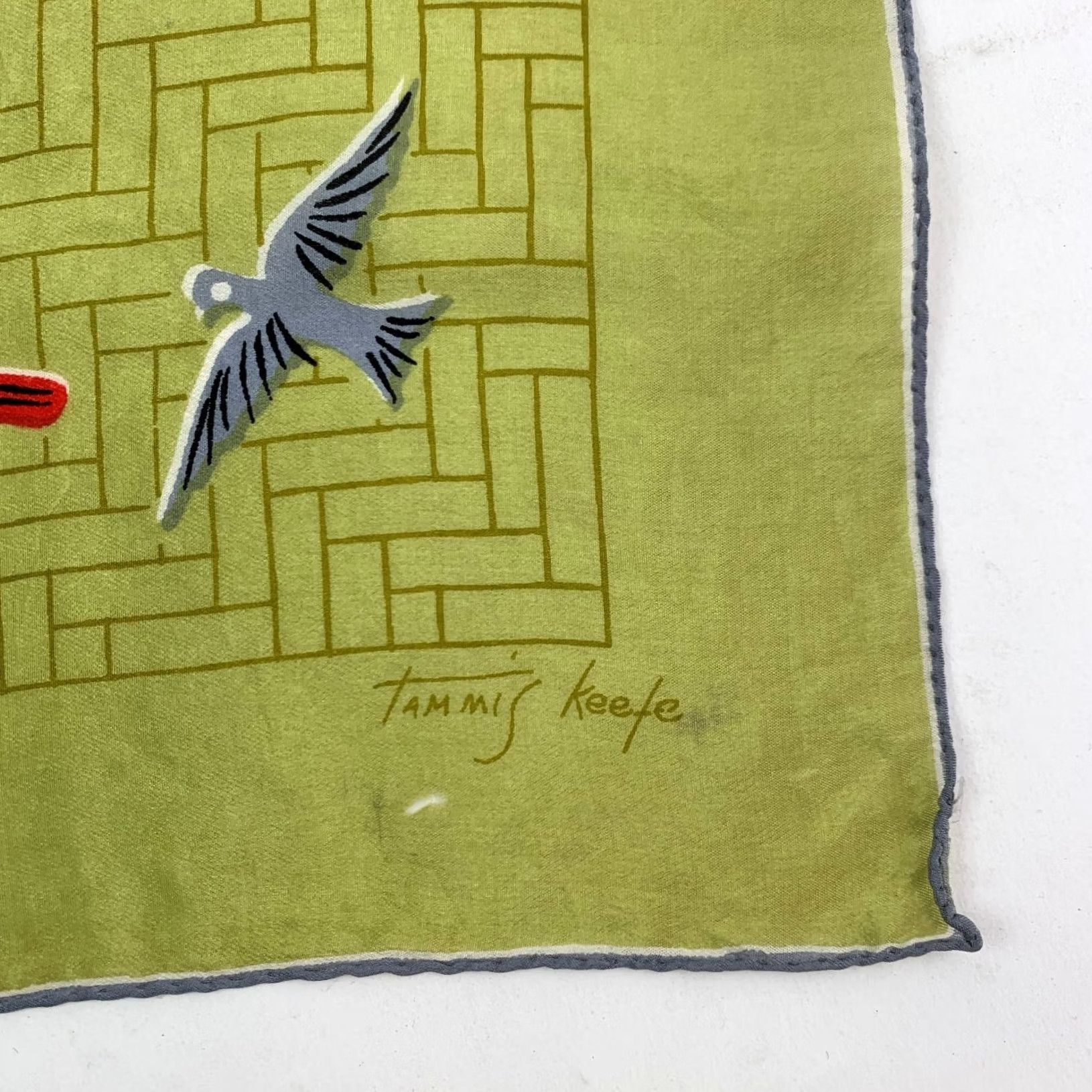 MCM VINTAGE Tammis Keefe Handkerchief Green Birds MCM Designer Women Handkerchief 16" x 16" Birds Geometric Size ONE SIZE - 2 Thumbnail