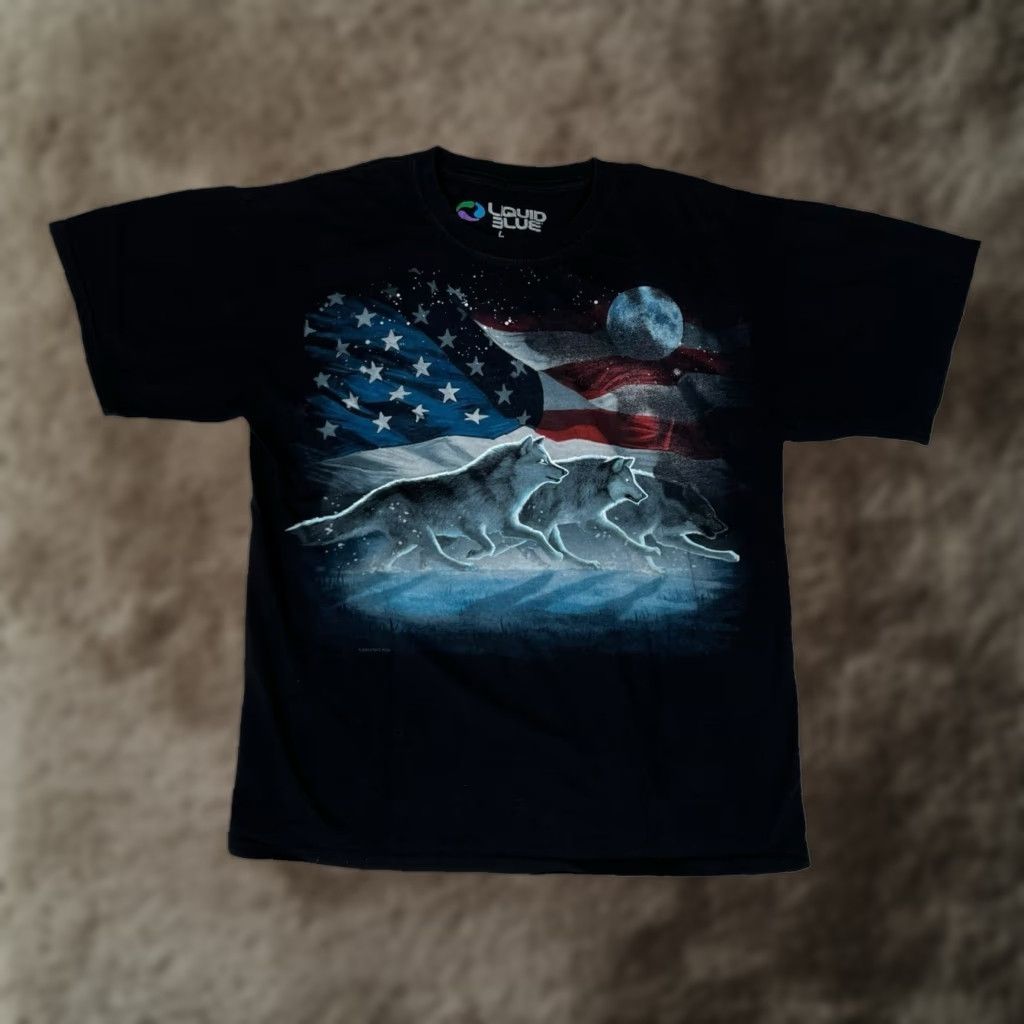 Liquid Blue Liquid Blue Wolves Wolf USA Flag T-Shirt L Black Mens Size US L / EU 52-54 / 3 - 1 Thumbnail