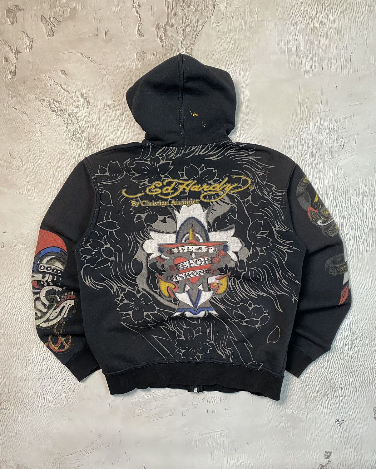 image of Christian Audigier x Ed Hardy Vintage Faded Full Y2K Print Zip Hoodie in Black, Men's (Size Medium)