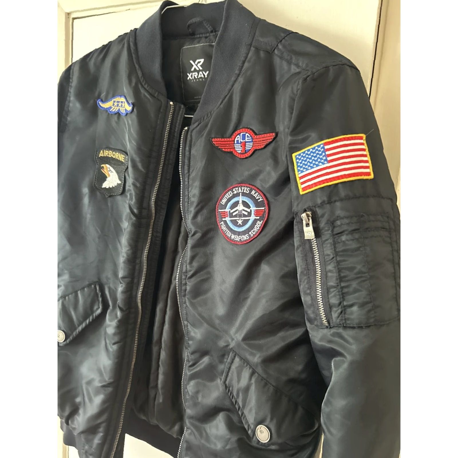 Vintage Xray Jeans Men's Small Black Bomber Flight Jacket With Patches Size US 29 - 3 Thumbnail