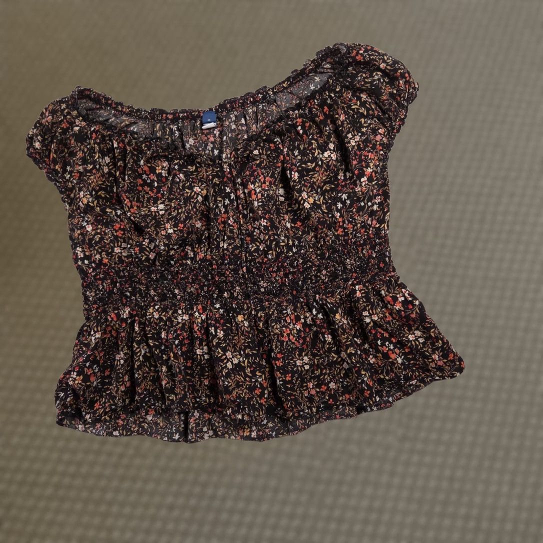 Old Navy Old Navy Blouse Womens 2X Plus Black Floral Ruffle Peplum Scoop Neck Short Sleeve Top Blouse Size XXL / US 16-18 / IT 52-54 - 1 Thumbnail