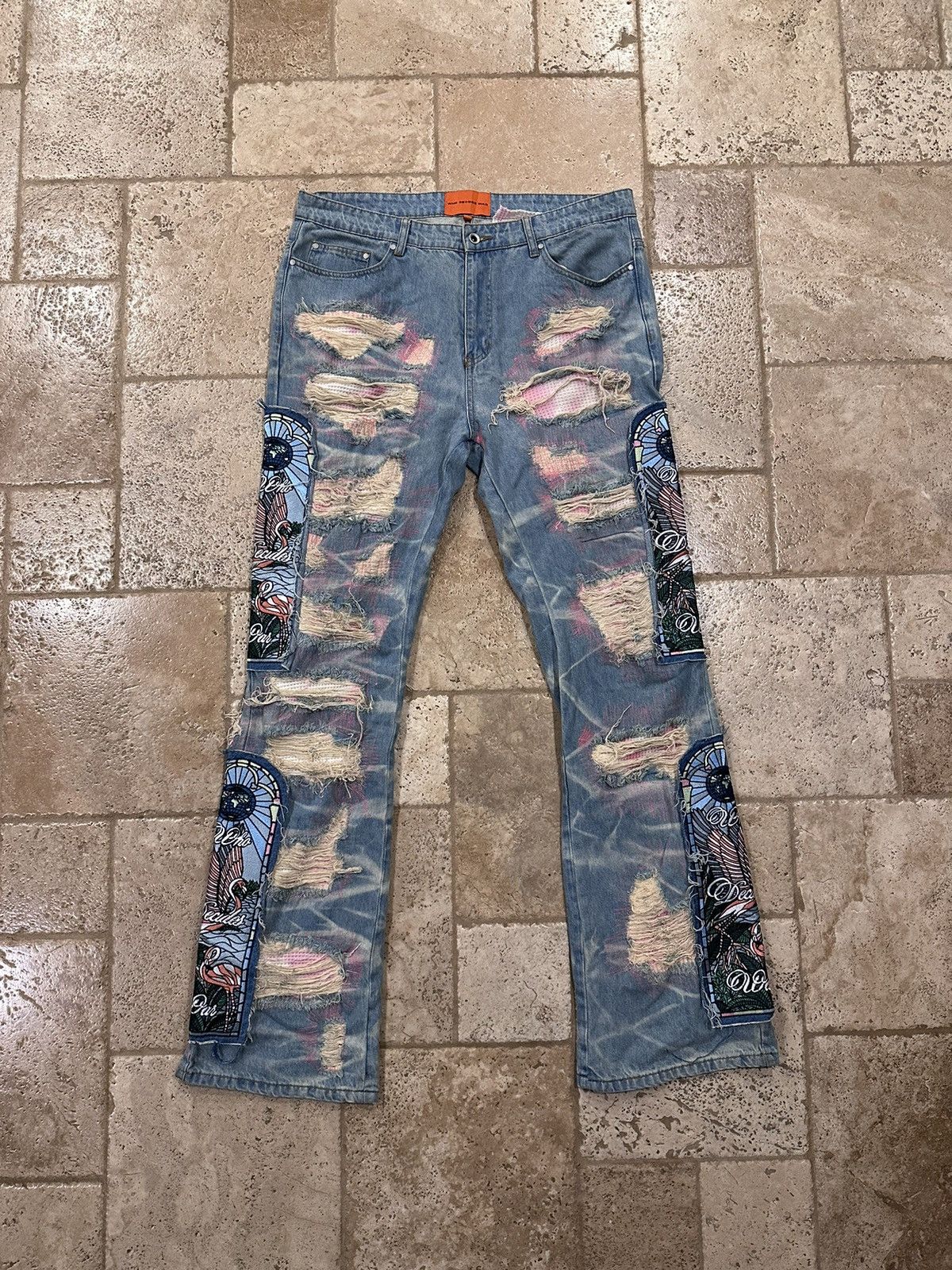 Who Decides War WDW Pink Flamingo Patch Fusion Denim Jeans