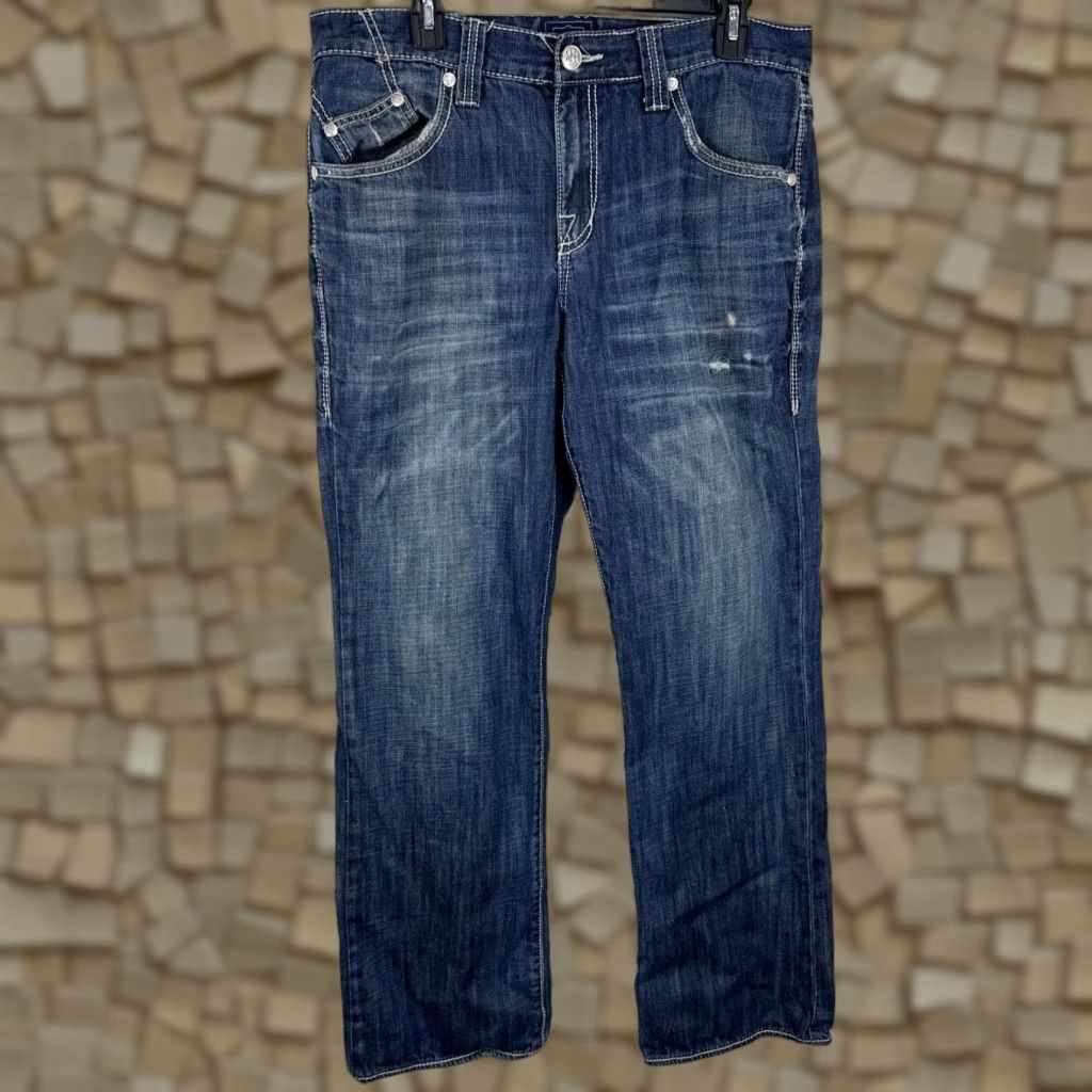 Vintage Rock & Republic Jeans Men's 34x32 Blue Denim Bootcut Medium Wash Distressed Straight 5-Pocket Size US 34 / EU 50 - 1 Thumbnail