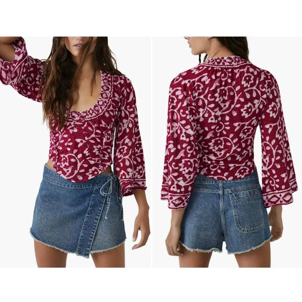 Free People New Free People On the Block Bell Sleeve Berry Combo Cotton Size L / US 10 / IT 46 - 1 Thumbnail