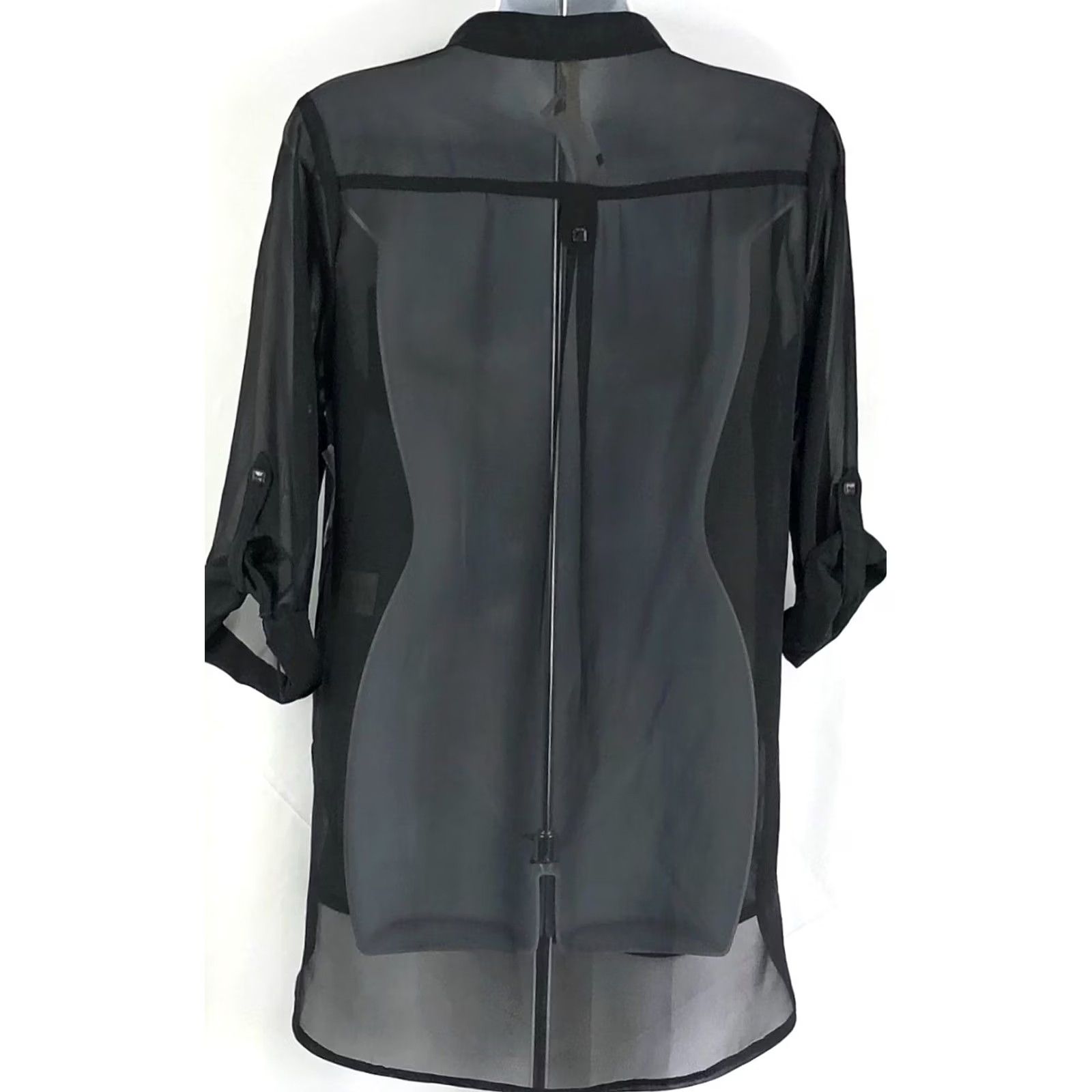 Vintage VINTAGE Flowy Chiffon Top Blk 1/2 Button 3/4 Roll Tab sleeve Hi Lo Fairy Shirt Womens M Black Chiffon Button HiLo Fairy 90s Modern Size M / US 6-8 / IT 42-44 - 4 Thumbnail