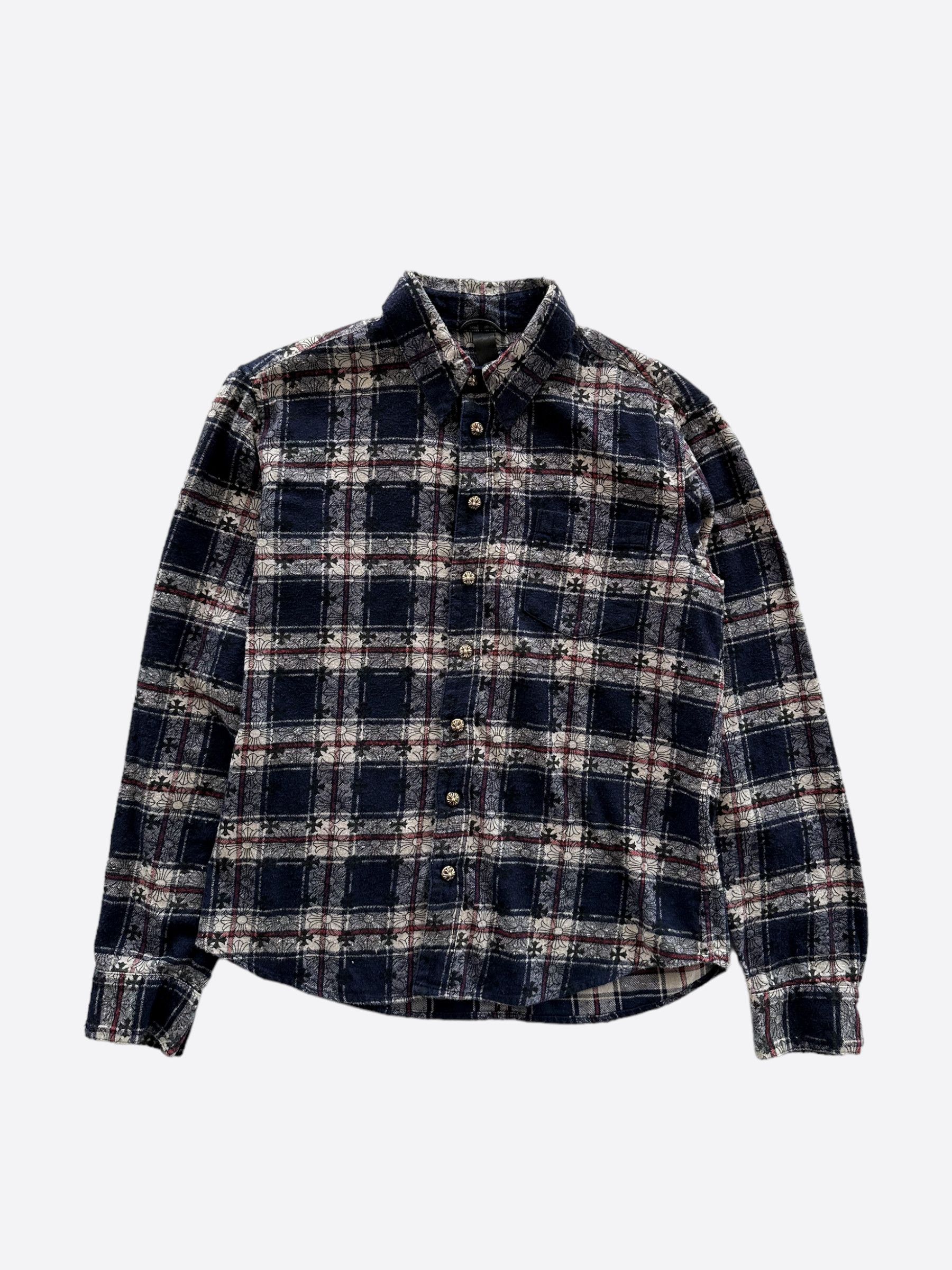 image of Chrome Hearts Blue Loose Ends Cross Patch Button Up, Men's (Size Medium)