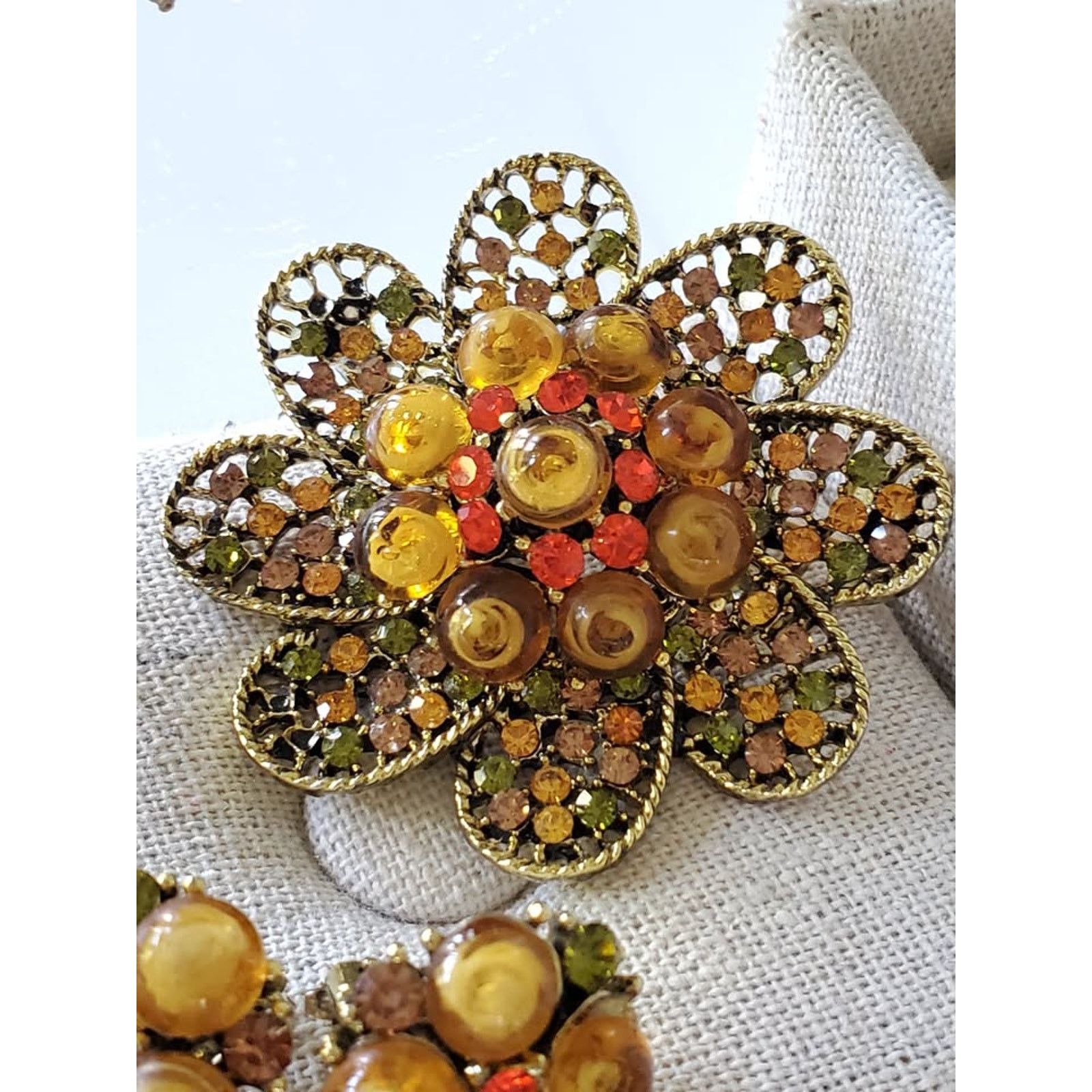 Other Vintage Orange and Yellow Bead Filigree Brooch & Earring Set Size ONE SIZE - 3 Thumbnail