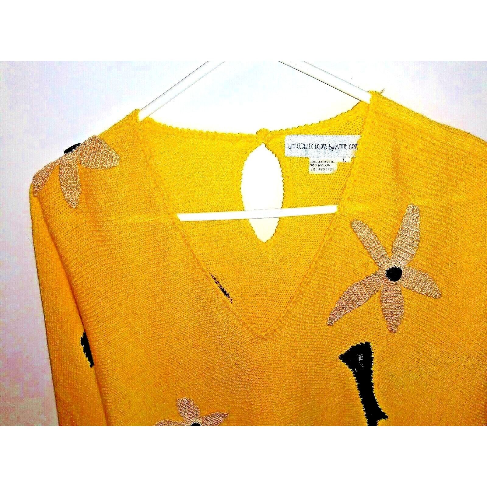 Other VTG 80s ANNE CRIMMINS Sweater Yellow Sz L embroidered appliq Size L / US 10 / IT 46 - 3 Thumbnail