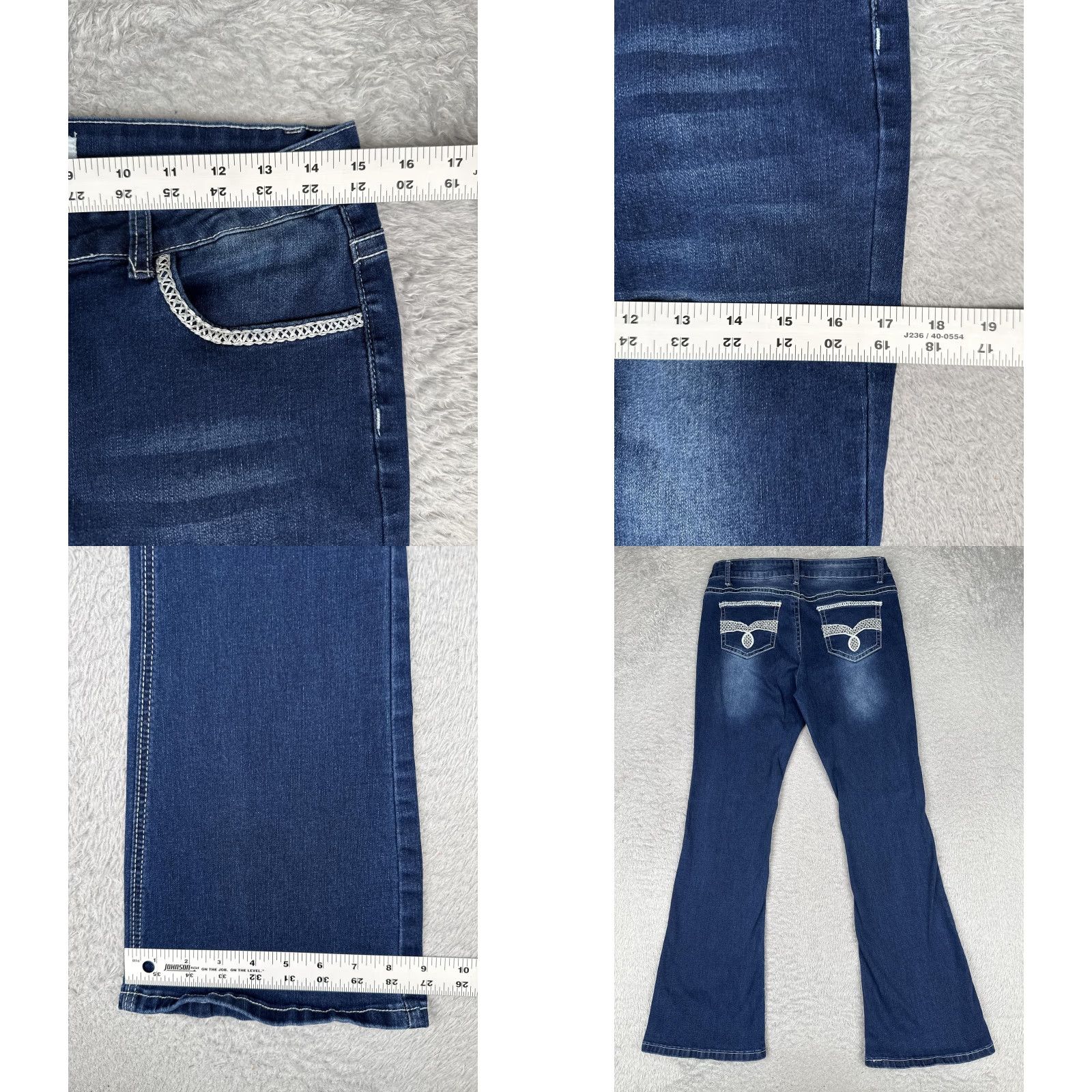 Vintage Bamboo Jeans Juniors 13 Blue Medium Wash Mid Rise Flare Crochet 30x30 Denim Size 34" / US 12 / IT 48 - 9 Thumbnail