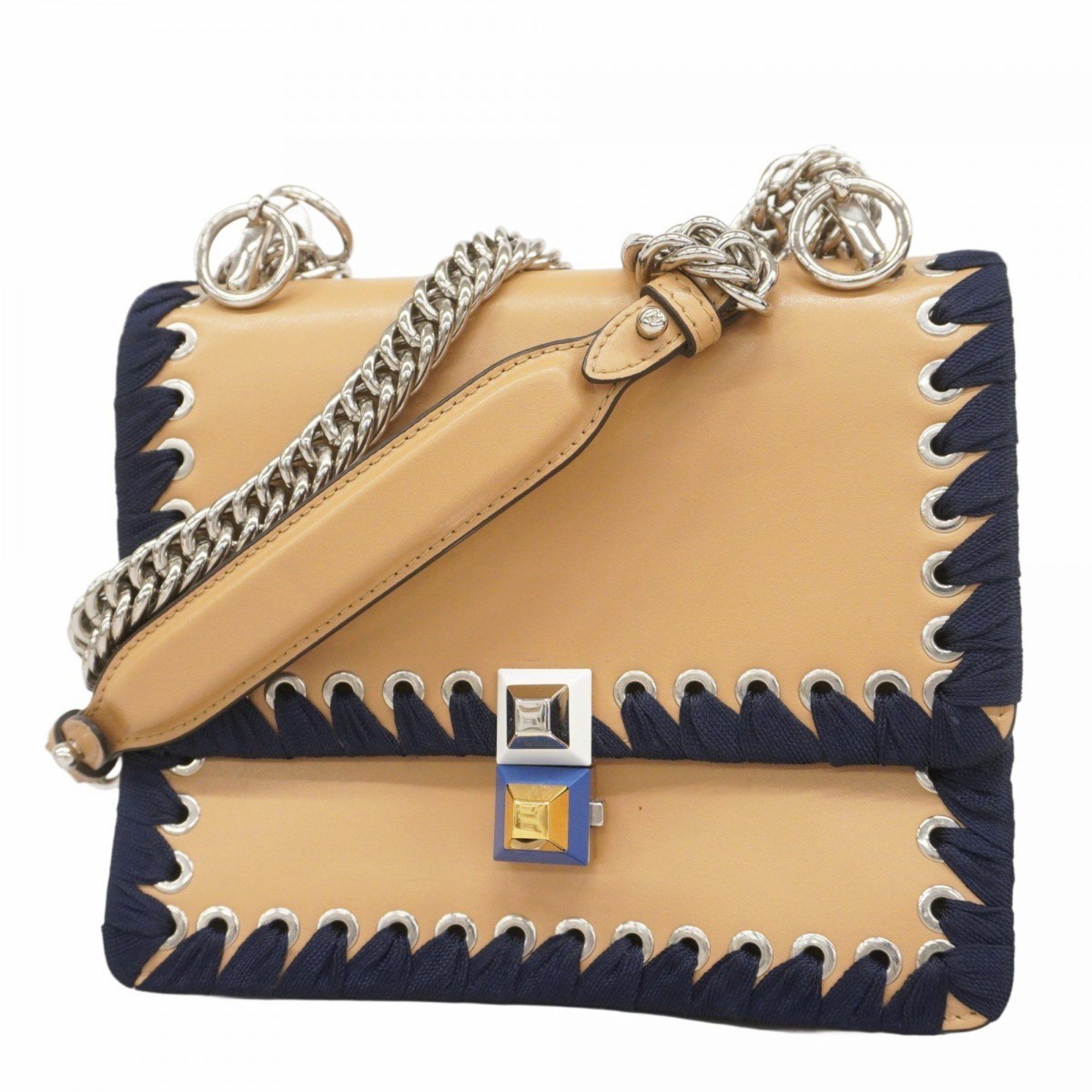Fendi Shoulder Bag Canai Leather Beige Navy Gold Women's
