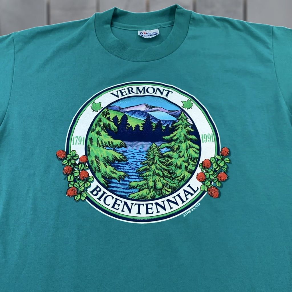 Hanes VINTAGE Vermont Bicentennial Shirt Mens L Green USA 90s Nature Mountain Hanes Shirt Mens L Green 90s Patriotic Graphic Print CTN Size US L / EU 52-54 / 3 - 1 Thumbnail