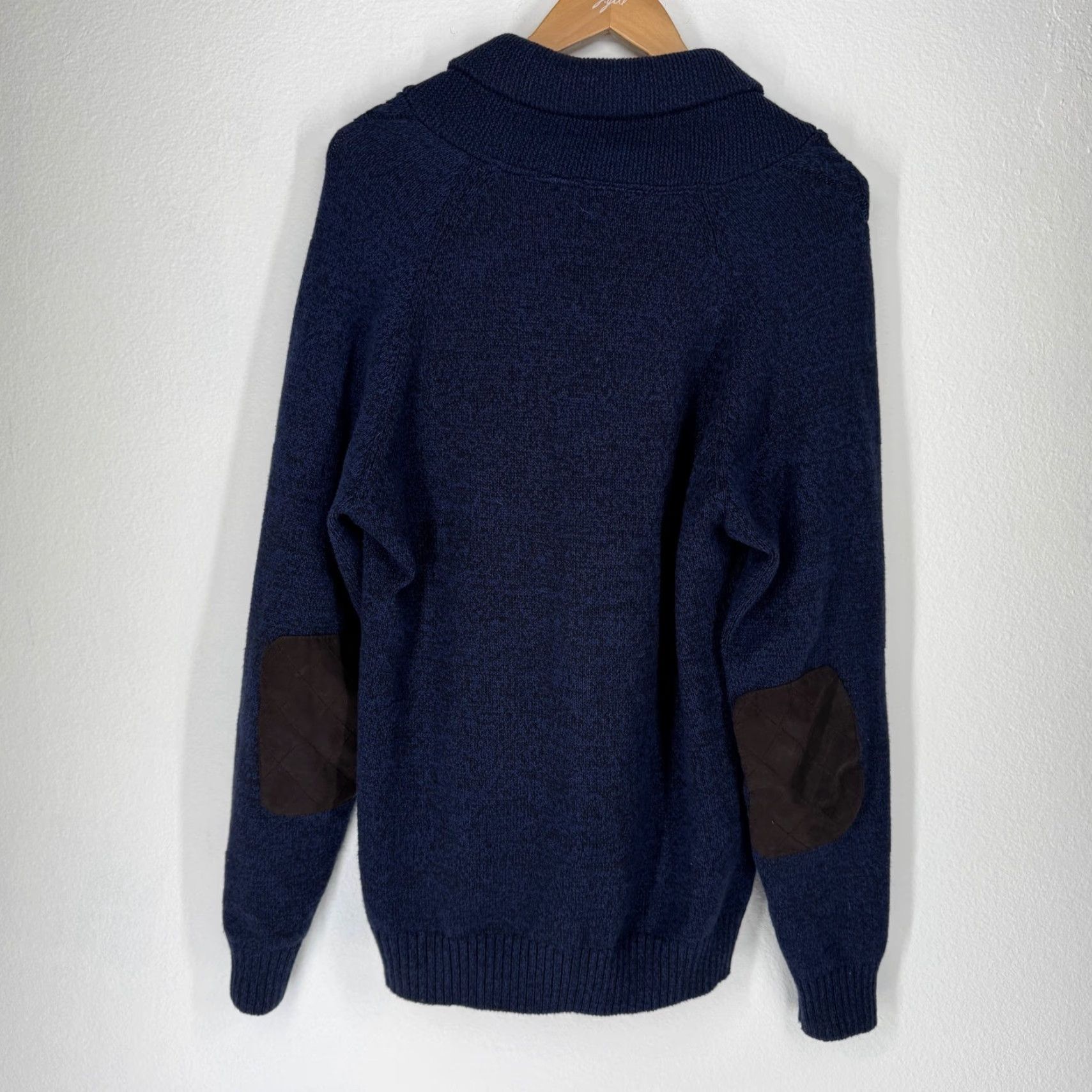 Roundtree & Yorke Men Cable Knit Fisherman Cardigan Sweater Shawl Collar Elbow Patch Button Blue M Size US M / EU 48-50 / 2 - 7 Thumbnail