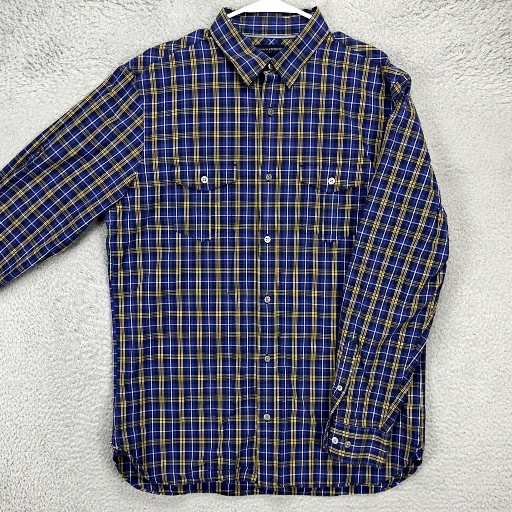 Banana Republic VINTAGE Banana Republic Mens Button-Up Shirt Large Blue Yellow Plaid Cotton Flap Pocket Size US L / EU 52-54 / 3 - 2 Thumbnail