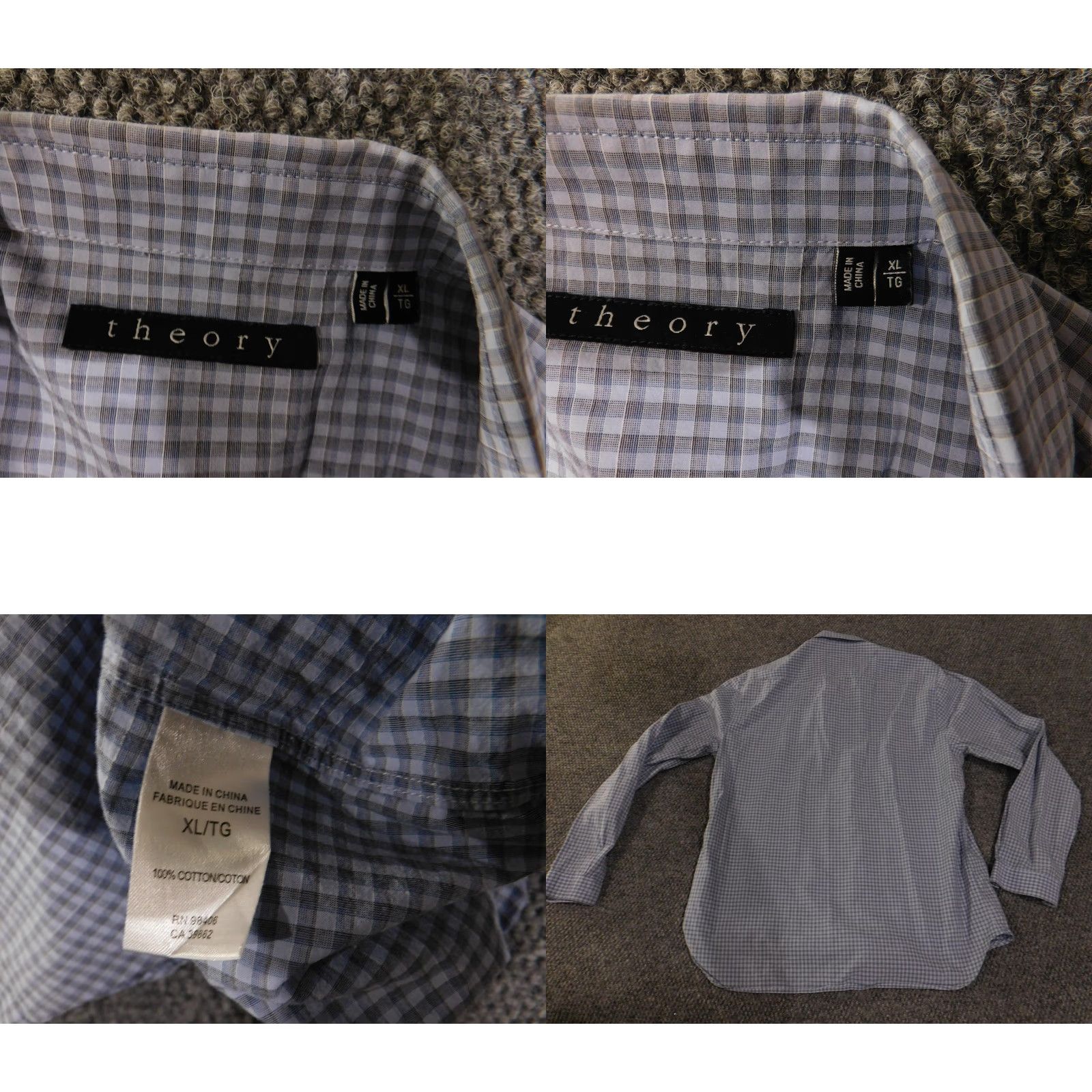 Theory Theory Shirt Mens XL Blue Gray Gingham Check Button Down Long Sleeve Cotton Size US XL / EU 56 / 4 - 8 Thumbnail