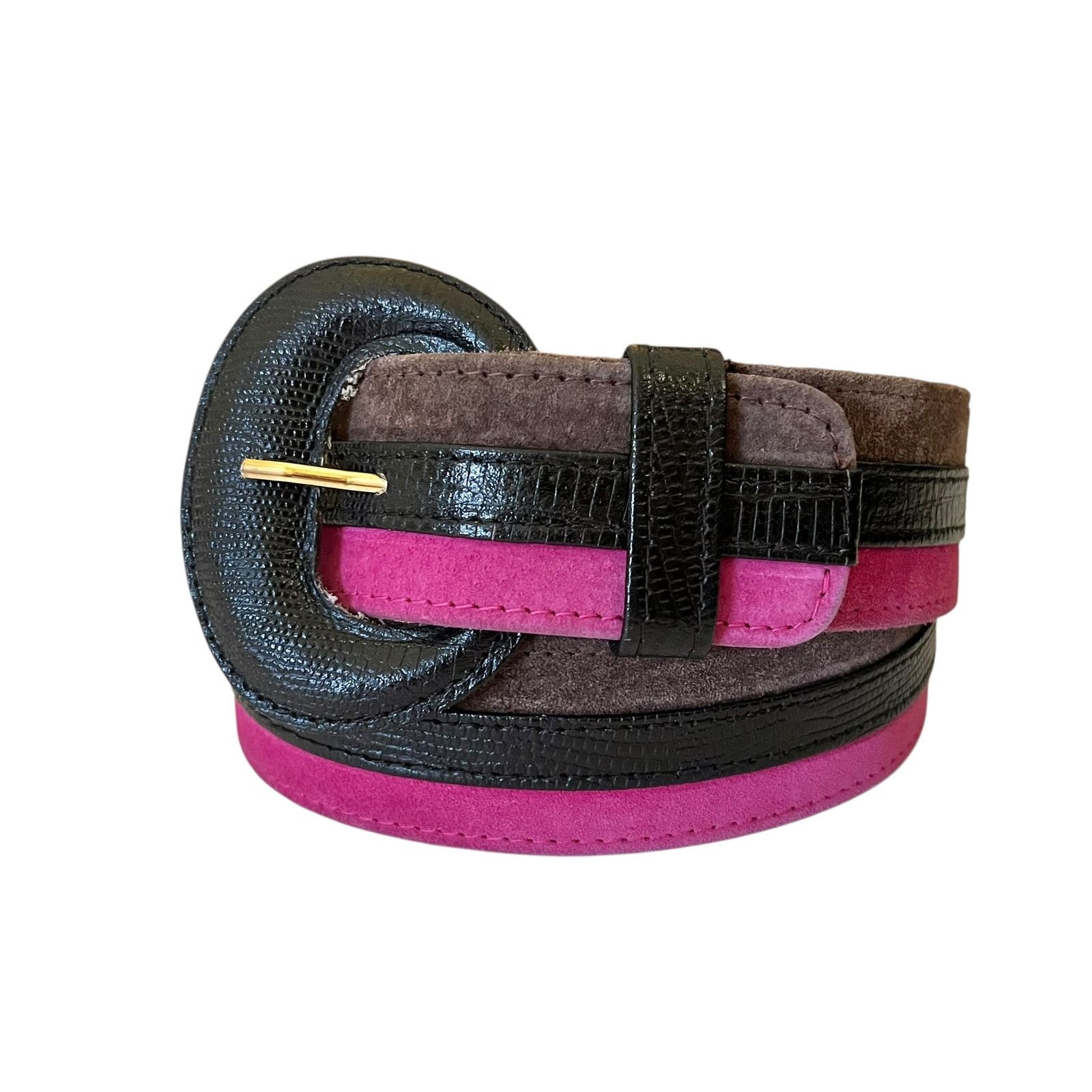Jaeger × Vintage Vintage Jaeger Striped Pink Brown Suede Black Leather Belt Size 30 - 1 Thumbnail