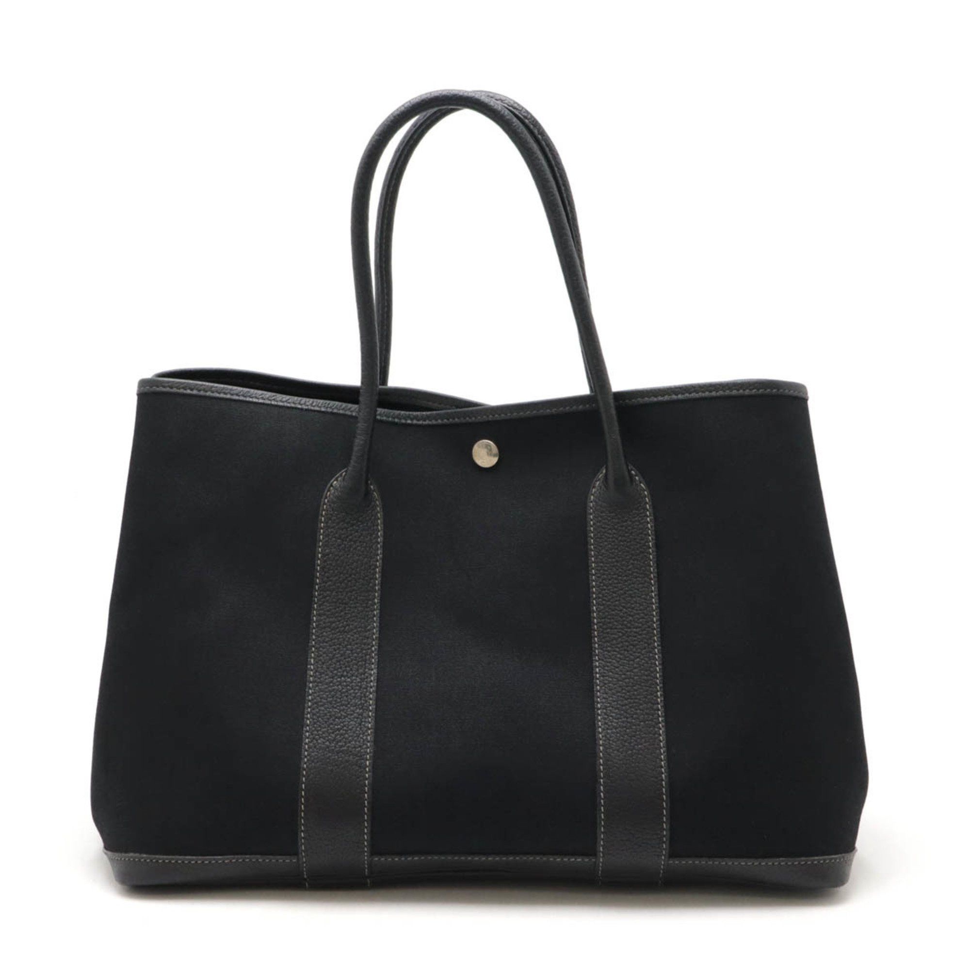 Hermes Garden Pm Tote Bag Handbag Toile Officier Canvas Leather Black G Stamp, Women's