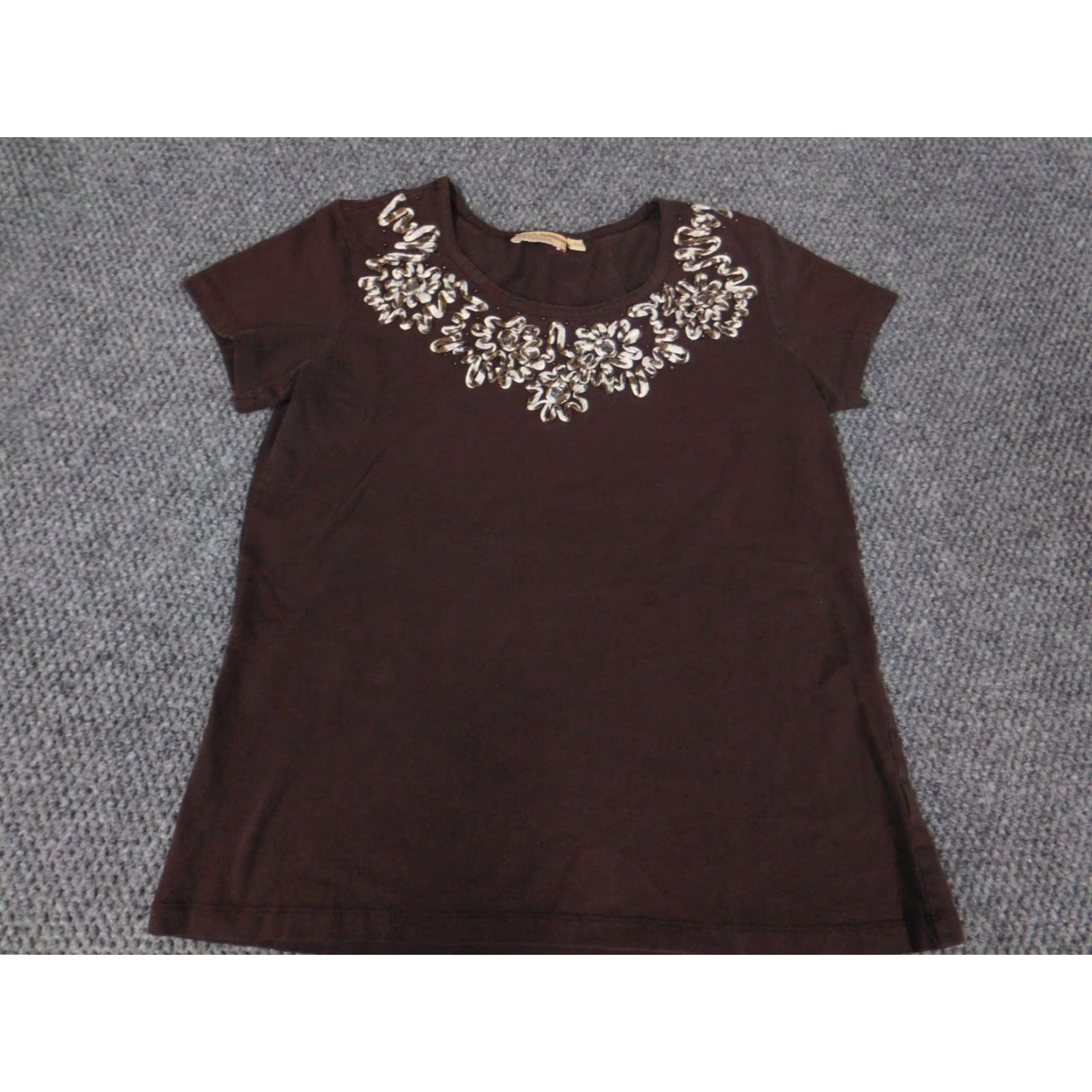 Vintage Choices Womens Blouse Short Sleeve Collared Pullover Cotton Spandex Brown S Smart Casual Shirt - Busy Designer Basic Regular Womens Size S Size S / US 4 / IT 40 - 2 Thumbnail
