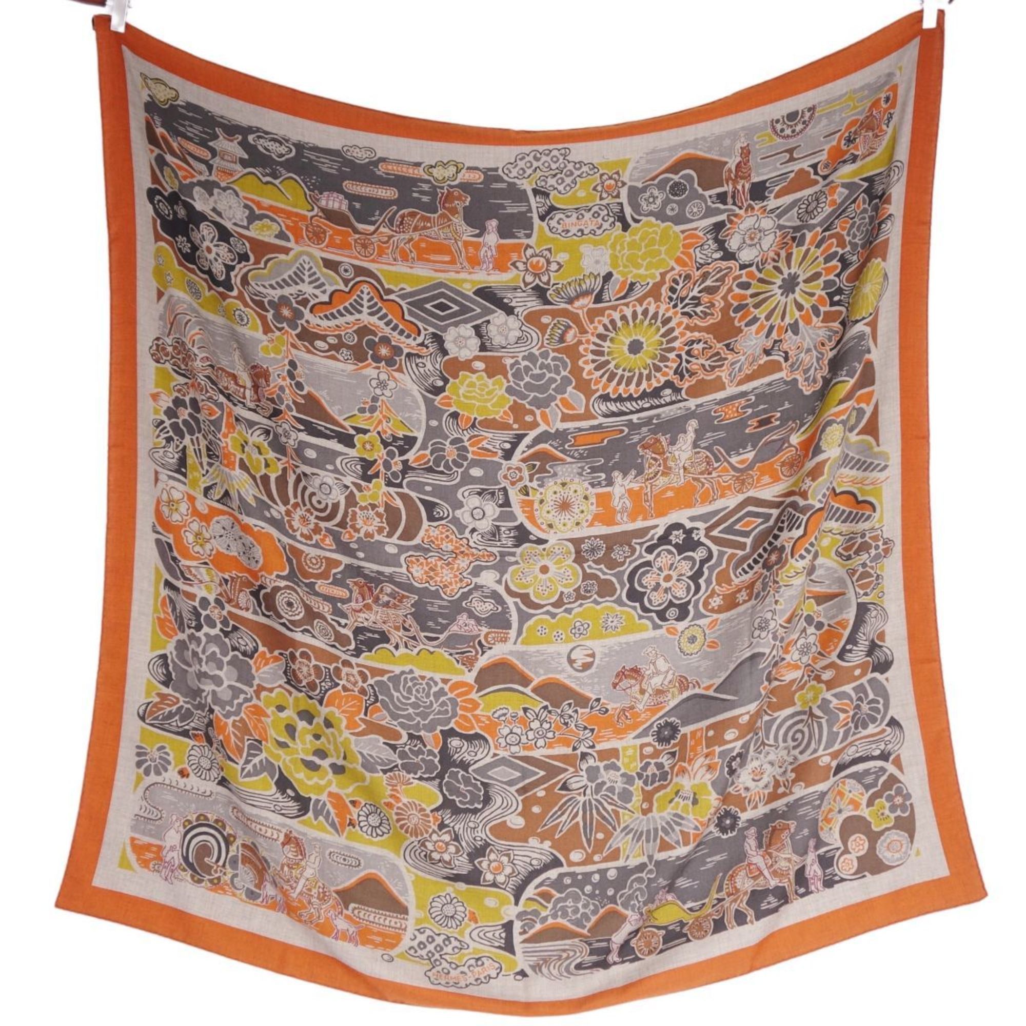 image of Hermes Scarf Muffler Carre140 Bingata Bingata Ryukyu Okinawa Stole Shawl Cashmere Silk Ladies Multi