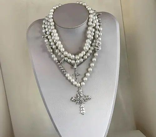Jewelry White Pearl Cross Charm Layered Necklace, Gothic Jewelry Size ONE SIZE - 4 Thumbnail