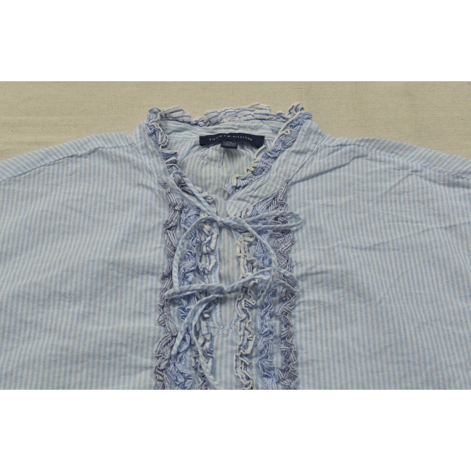 Tommy Hilfiger Tommy Hilfiger Top Blouse Blue Striped Ruffle Neck Tie Front Short Sleeve XXL Womens Size XXL / US 16-18 / IT 52-54 - 4 Thumbnail