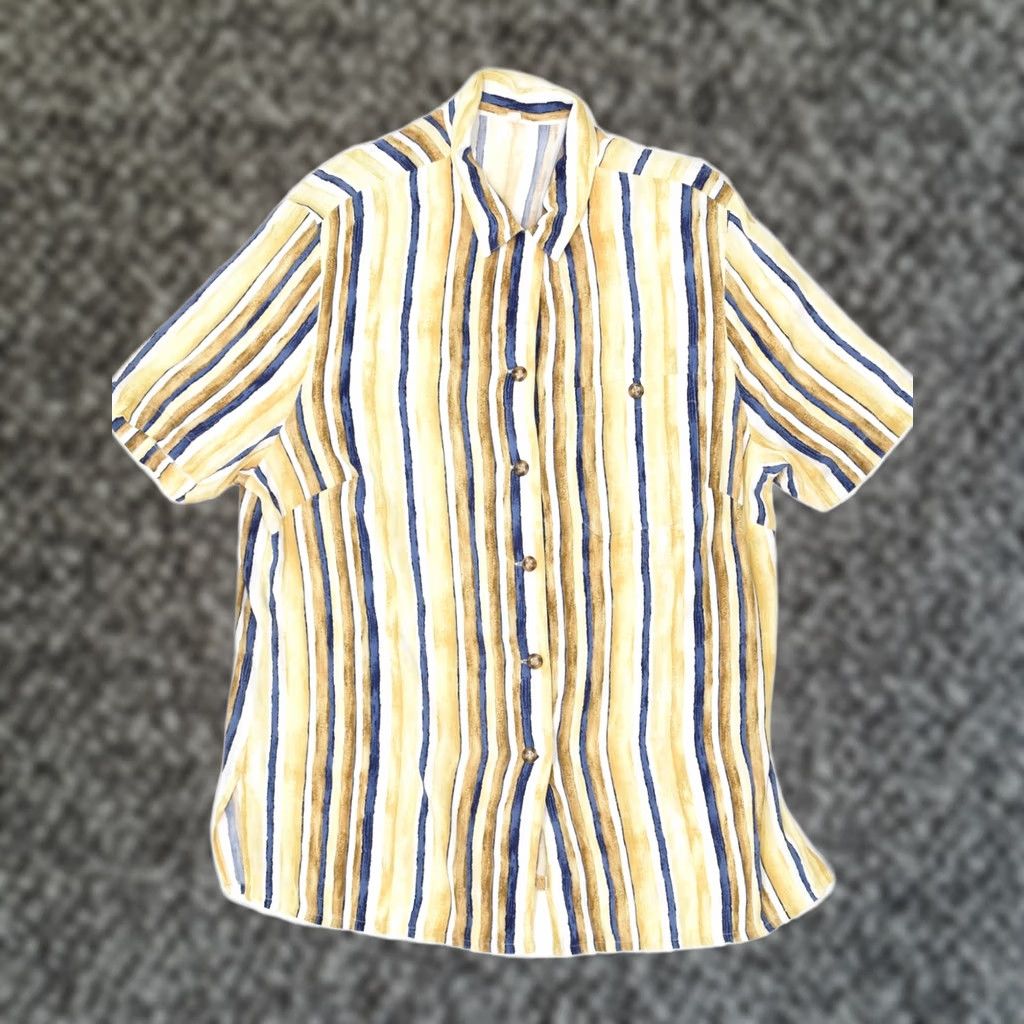 Vintage VINTAGE Womens Shirt UK 16 Large Yellow Striped Viscose Short Sleeve FL09 Size L / US 10 / IT 46 - 1 Thumbnail