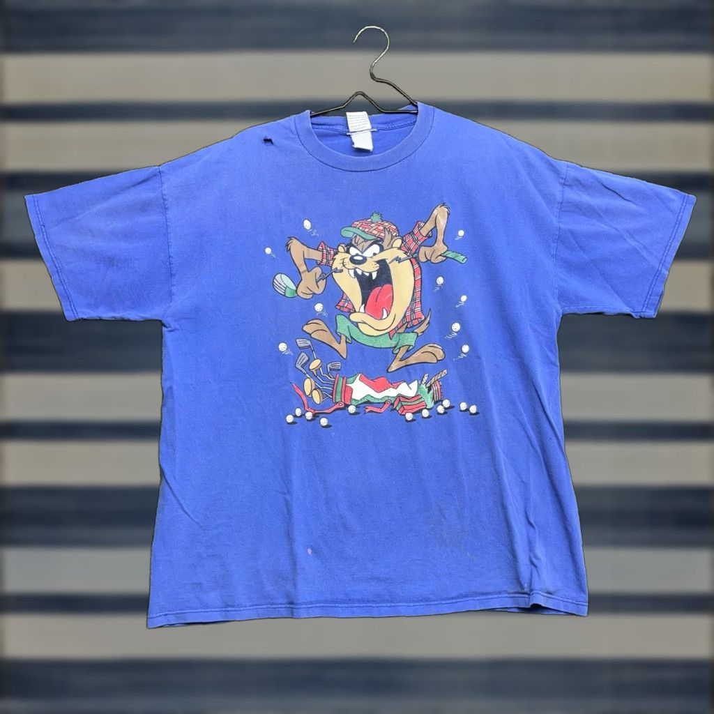Vintage VINTAGE Tasmanian Devil Golf Shirt Mens Large USA Looney Tunes Taz Funny Crew Neck Cotton Blue 1990s Mens Size US L / EU 52-54 / 3 - 1 Thumbnail