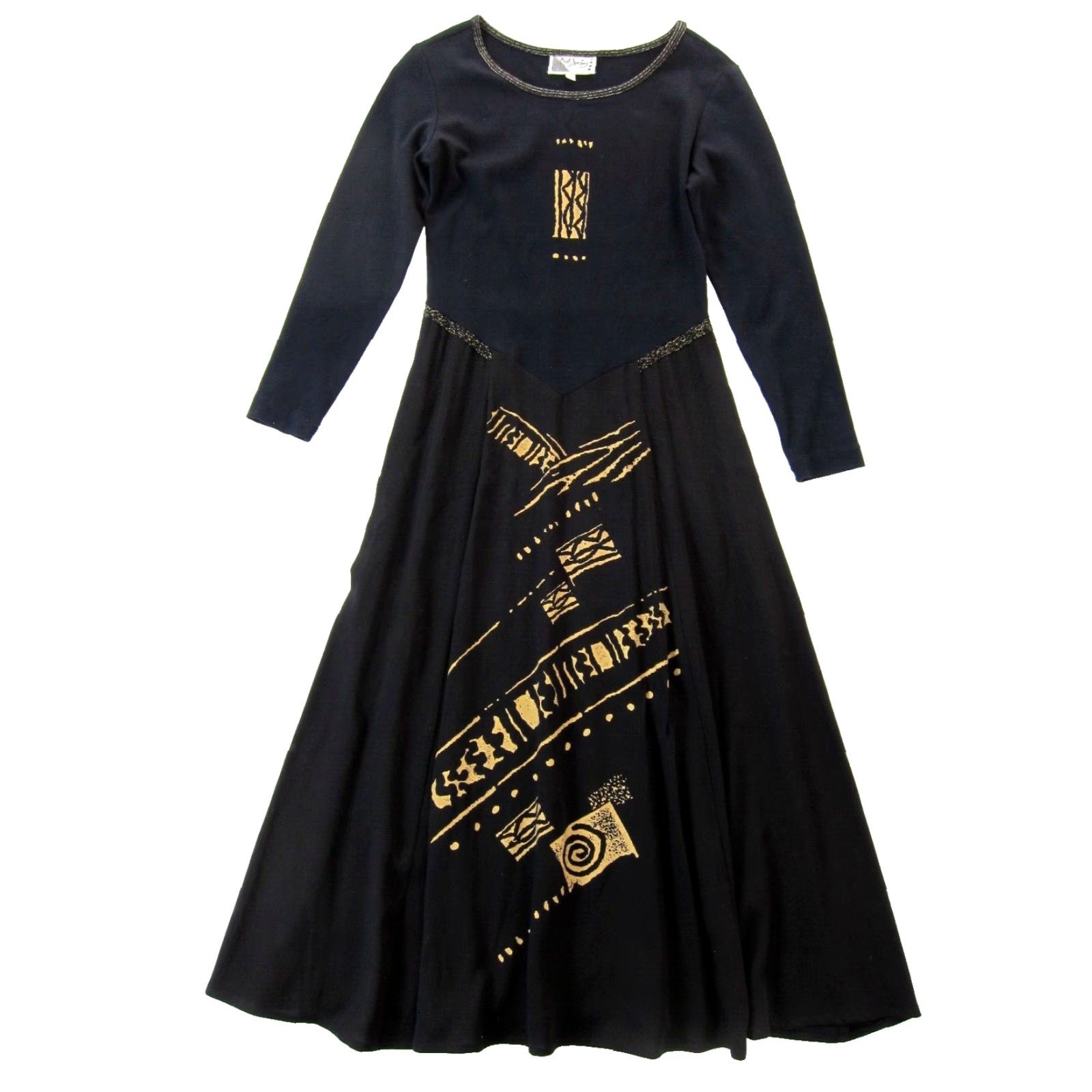 Vintage VINTAGE K.D. Spring Black Gold Cotton Stretch Long Sleeve Long Maxi Dress S Size S / US 4 / IT 40 - 2 Thumbnail