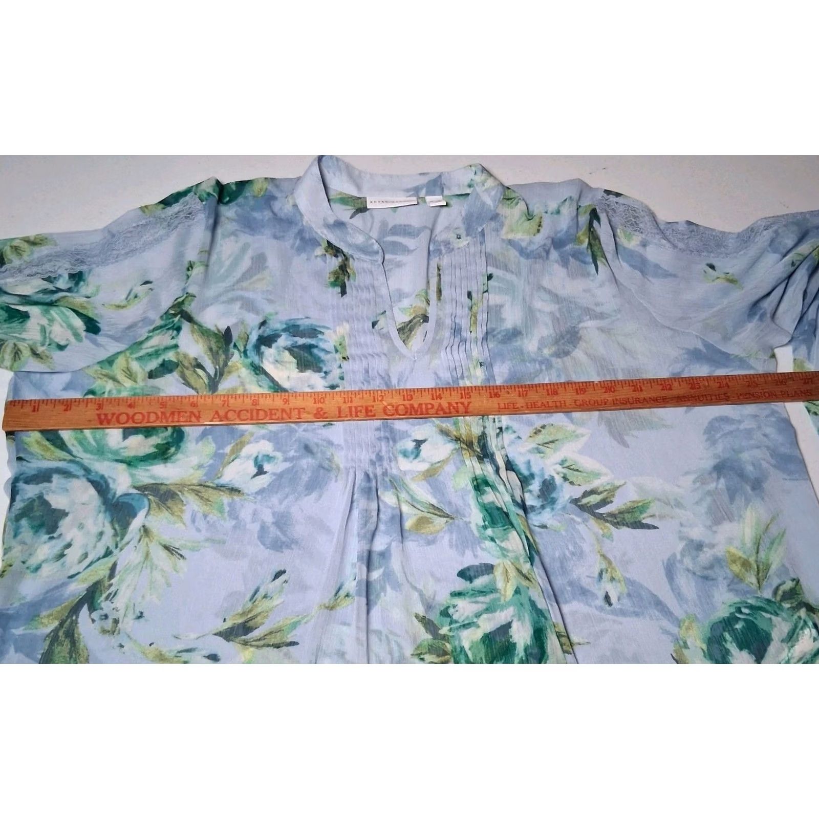Vintage Susan Graver Blouse XL Blue Peony Floral Long Sleeve Semi Sheer Lace Pleated Womens Blouse Size XL / US 12-14 / IT 48-50 - 3 Thumbnail