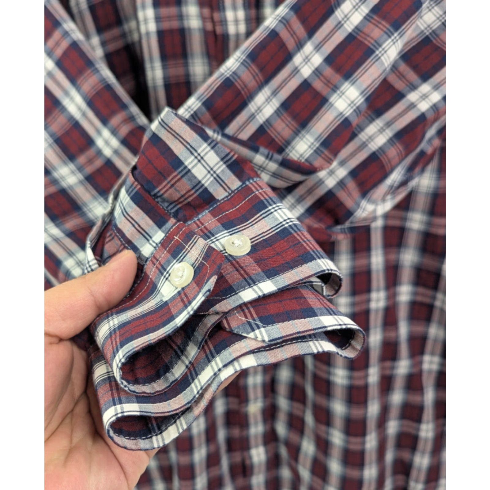 Stafford Stafford Dress Shirt Men's 17 32/33 Maroon Travel Easy Care Check Broadcloth Shirt Red Cotton Blend Knit Size 46R - 3 Thumbnail