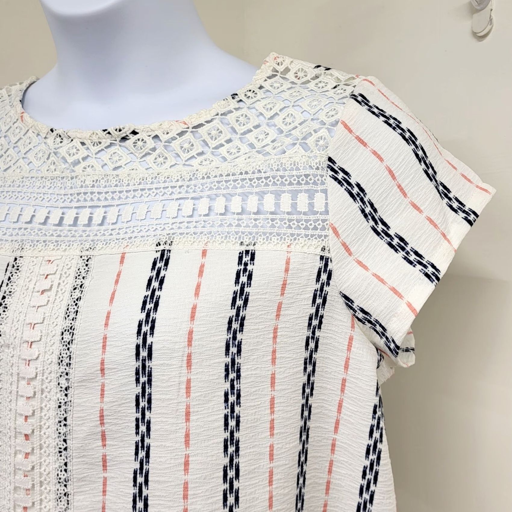 Vintage Xhilaration Dress Women's XL Red White Blue Vertical Striped Lace Trimmed Casual Short Sleeve Size XL / US 12-14 / IT 48-50 - 3 Thumbnail