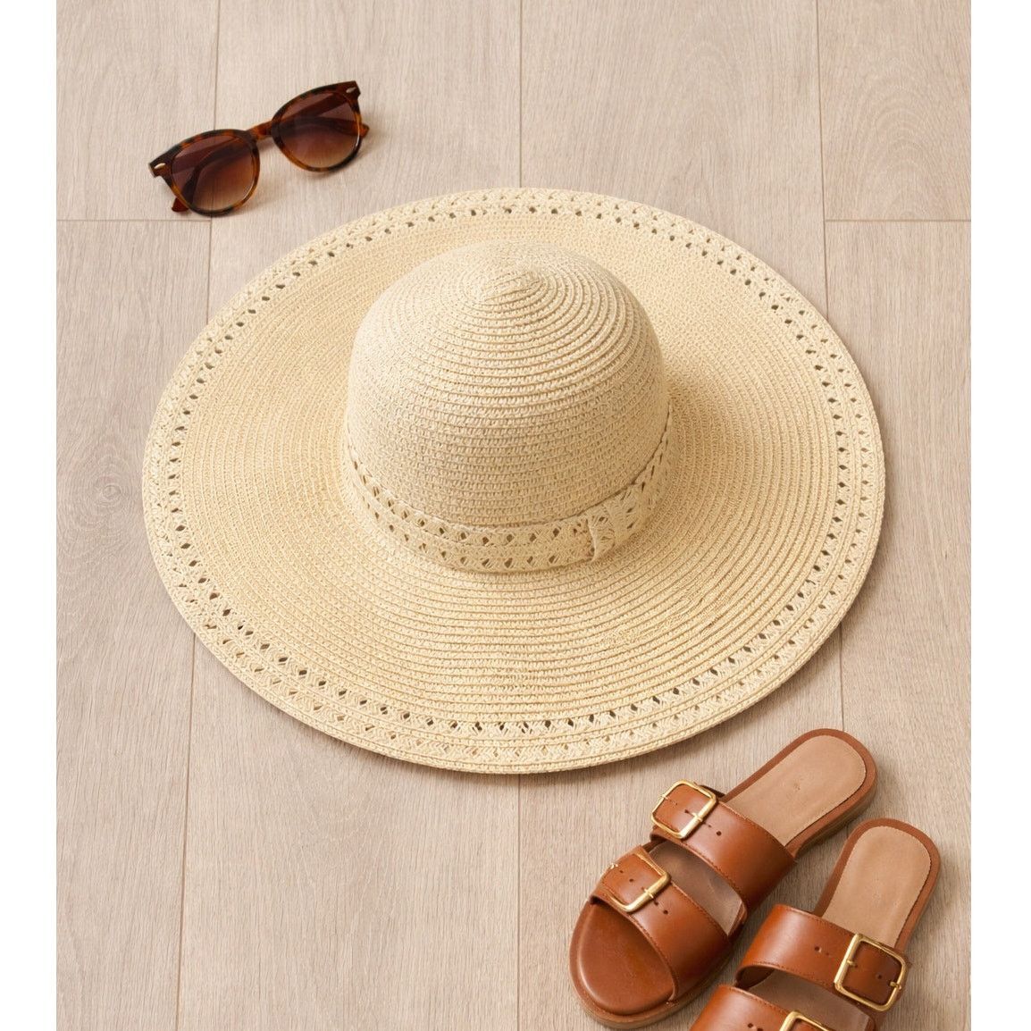 Other Coastal Chic Beige Woven Sun Hat Wide Brim 7 Quiet Luxury Size ONE SIZE - 1 Thumbnail