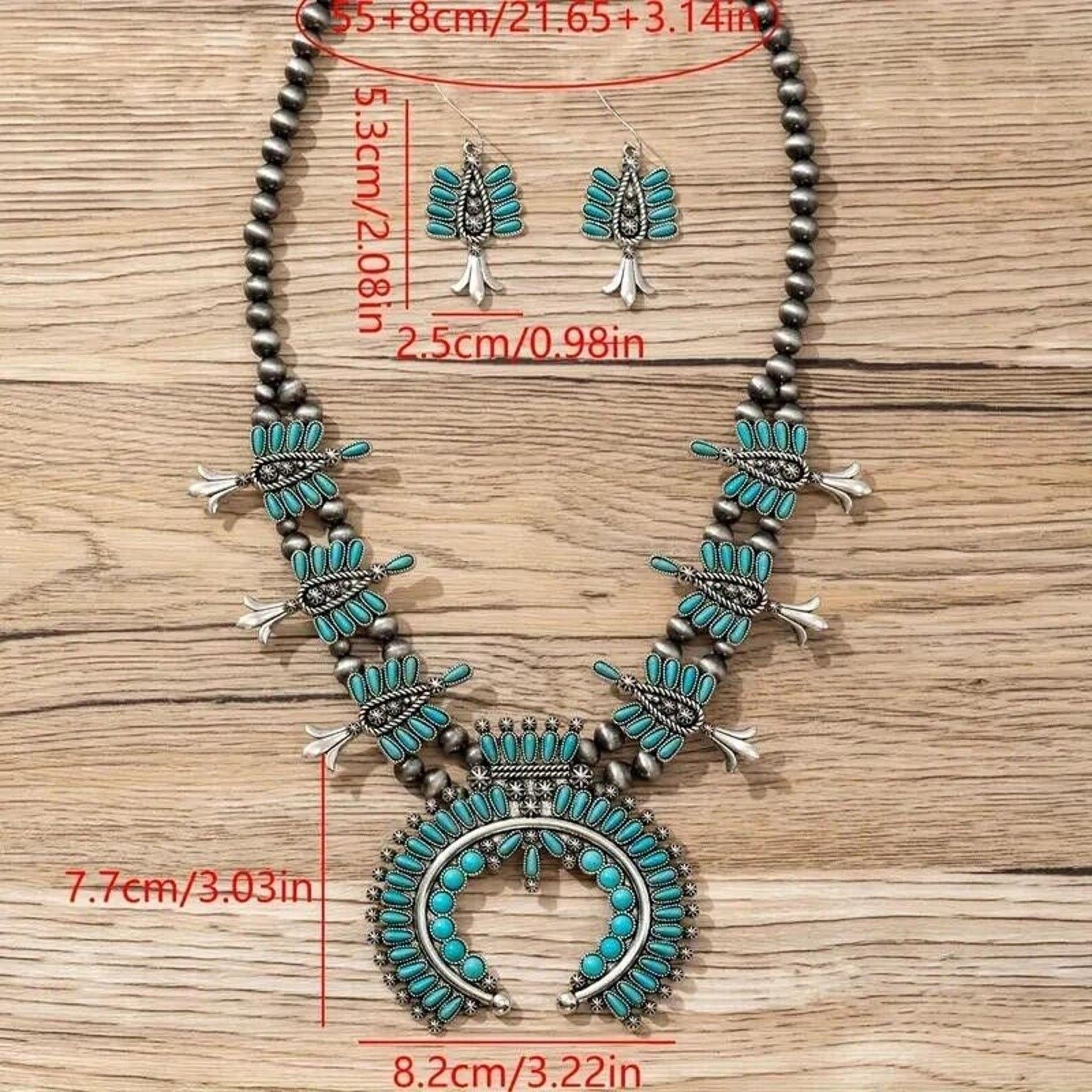 Other Faux Turquoise Squash Blossom Necklace & Earrings Set •NIce Size ONE SIZE - 4 Thumbnail