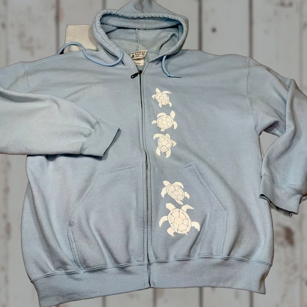CO VINTAGE Michigan Rag Co TURTLE Full Zip Hoodie Shirt Mens XL Light Blue Knit Cotton Polyester 80s 90s Western Pockets Sea Turtle Print Front Size US XL / EU 56 / 4 - 1 Thumbnail