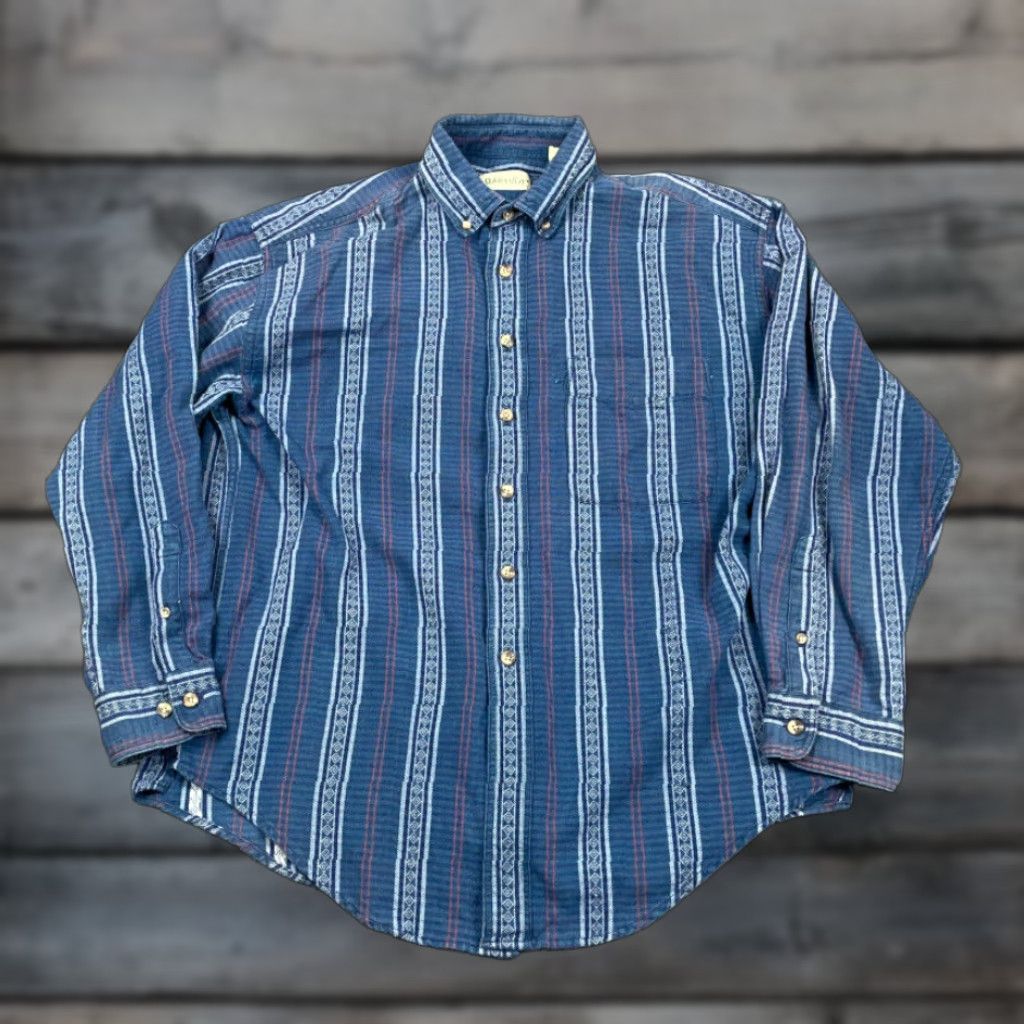 Vintage Blue Geometric Tribal Motif Pattern Button Up Shirt Adult Large Festival Aztec Size US L / EU 52-54 / 3 - 1 Thumbnail