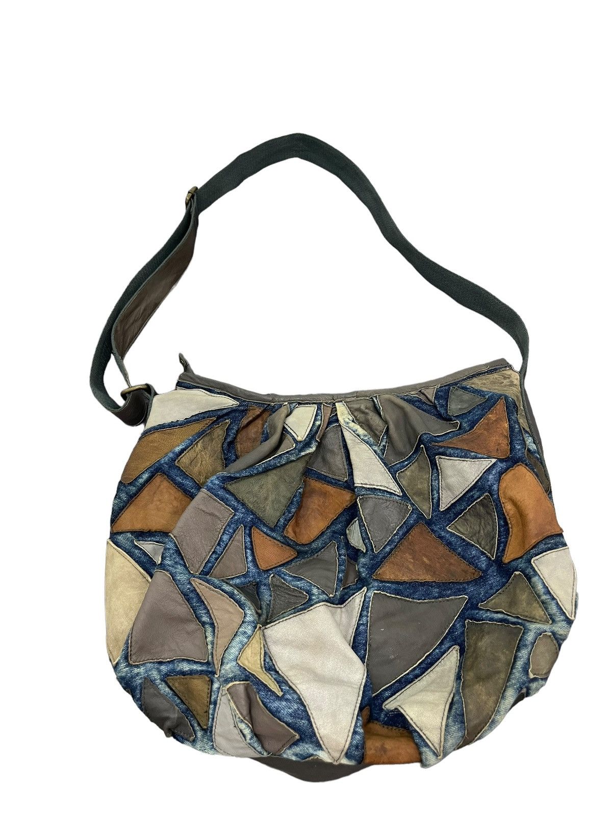 Japanese Brand Patchwork Leather x Denim Handmade Custom Messenger Bag 2🟩 Size ONE SIZE - 7 Thumbnail