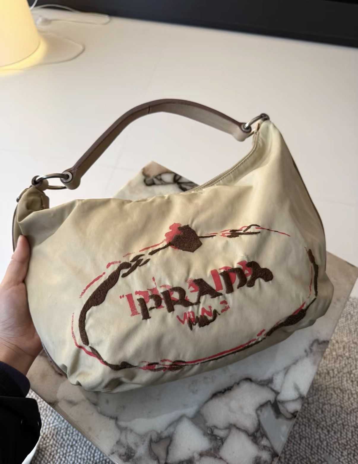 Prada Prada Vintage Milk Tea Nylon Hobo Underarm Bag J36 Size ONE SIZE - 4 Thumbnail