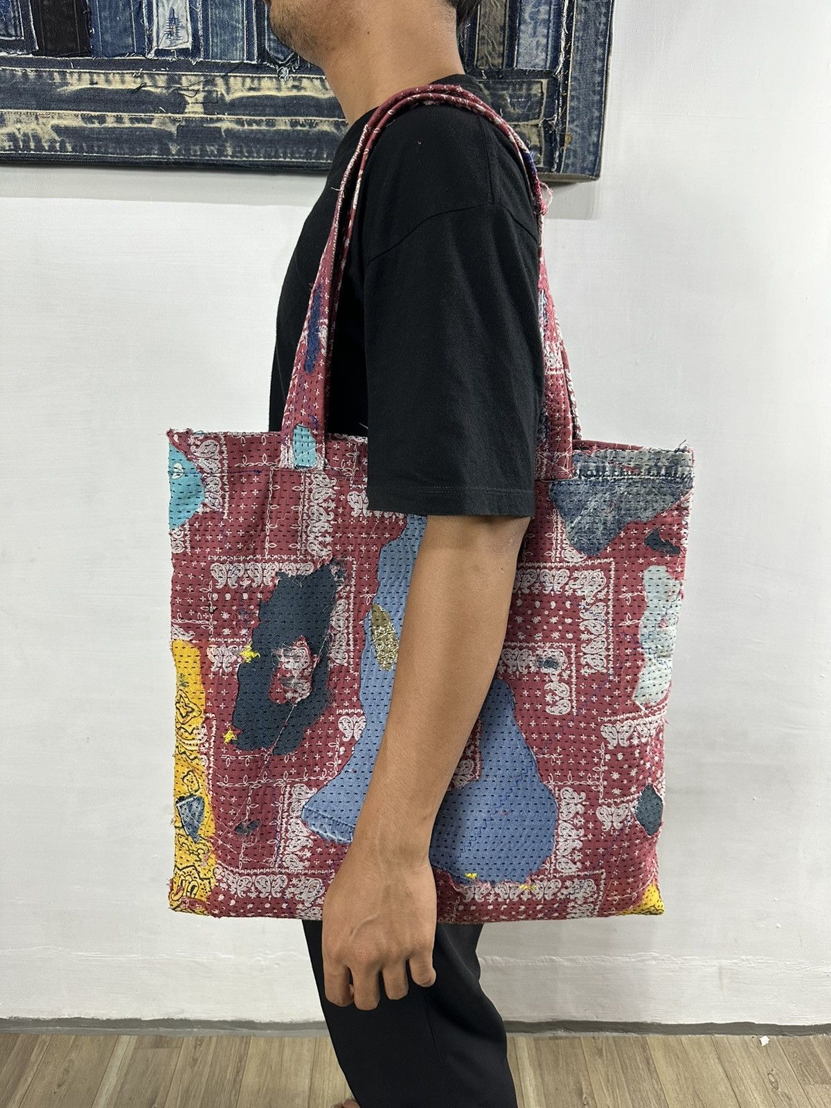 Handmade Custom Made Distressed denim Patchwork Boro Paisley tote bag Size ONE SIZE - 3 Thumbnail