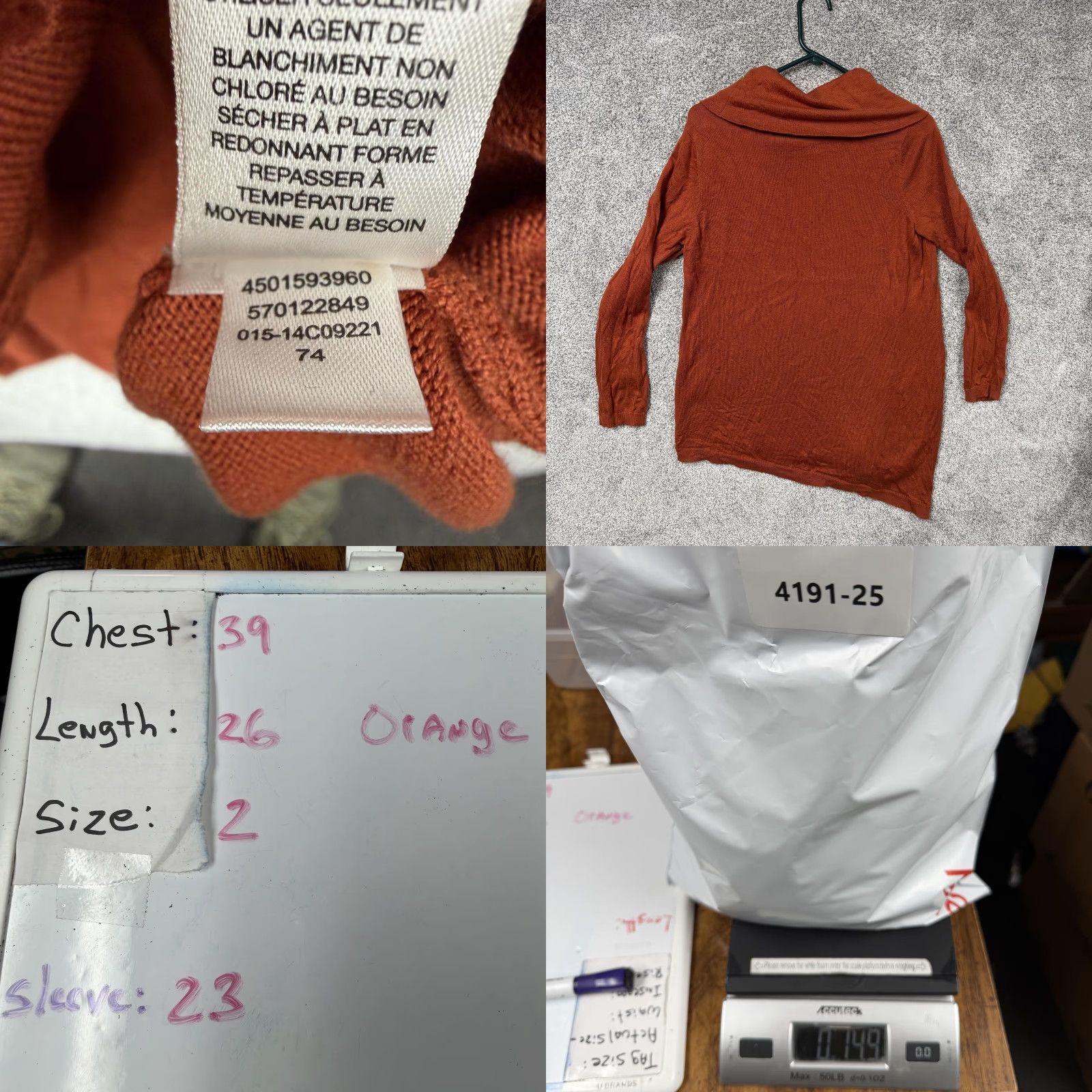 Vintage Chicos Sweater Women Orange Cowl Neck Asymmetrical Hem Cozy Winter Tunic Size 2 Long Sleeve Knit Cotton Rayon Nylon Size XS / US 0-2 / IT 36-38 - 8 Thumbnail