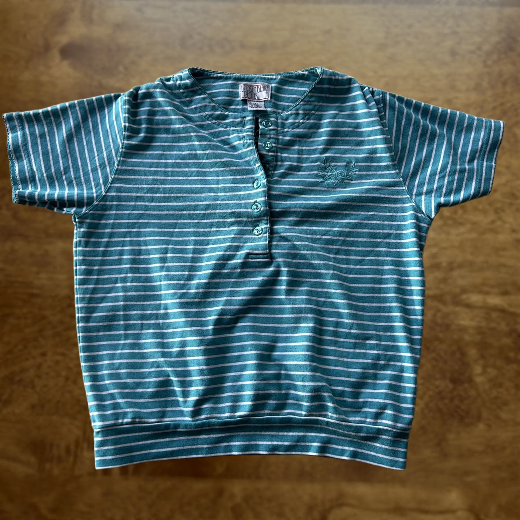 Vintage Lindsey Blake Shirt Womens Petite Small Blue Striped Embroidered Henley Top Size S / US 4 / IT 40 - 1 Thumbnail