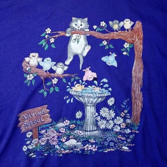 Basic Editions Vintage Diving School Cat & Bird Bath Collared Sweatshirt Size XXL / US 16-18 / IT 52-54 - 1 Thumbnail