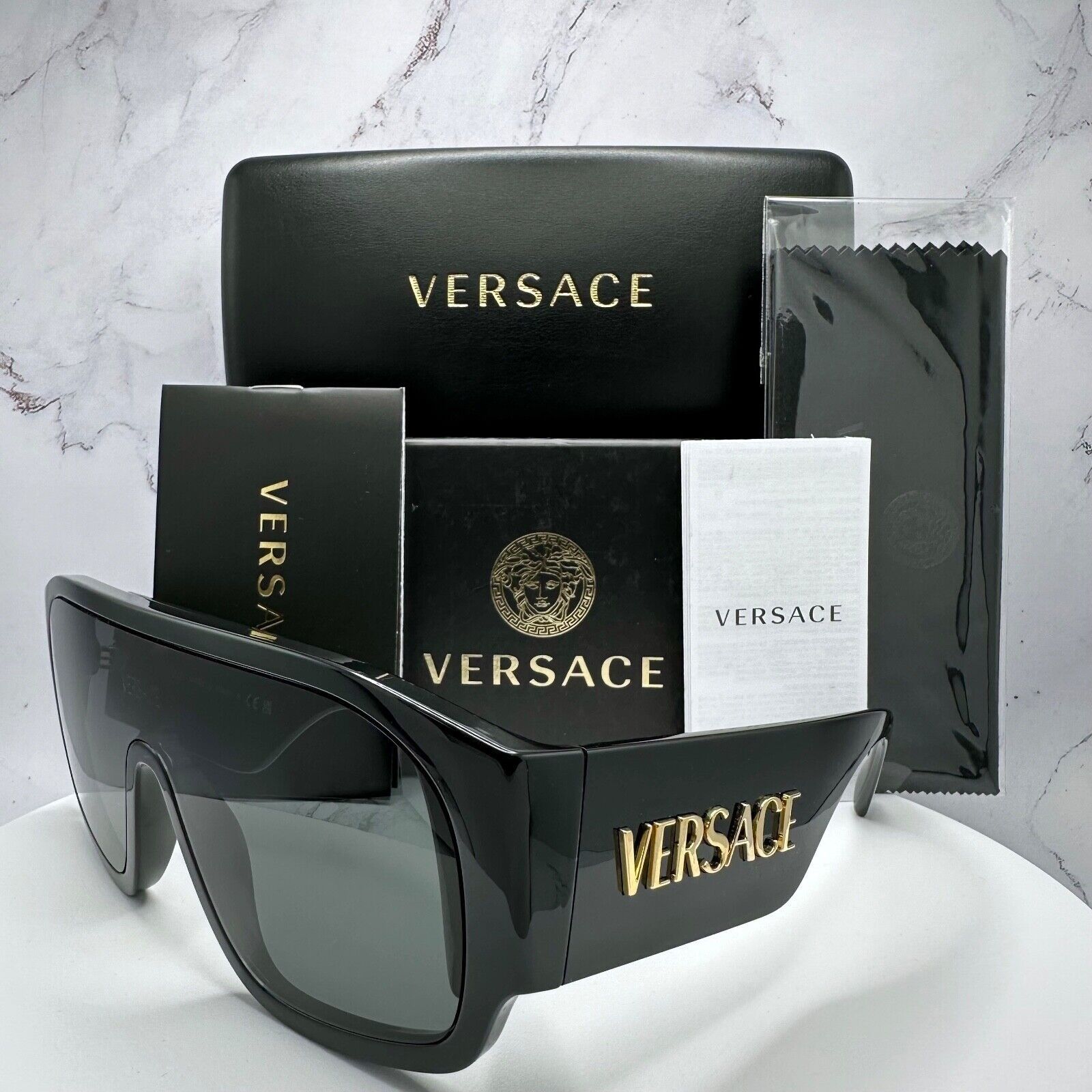 New VERSACE Sunglasses Black Aviator Wrap Shield Runway Gold