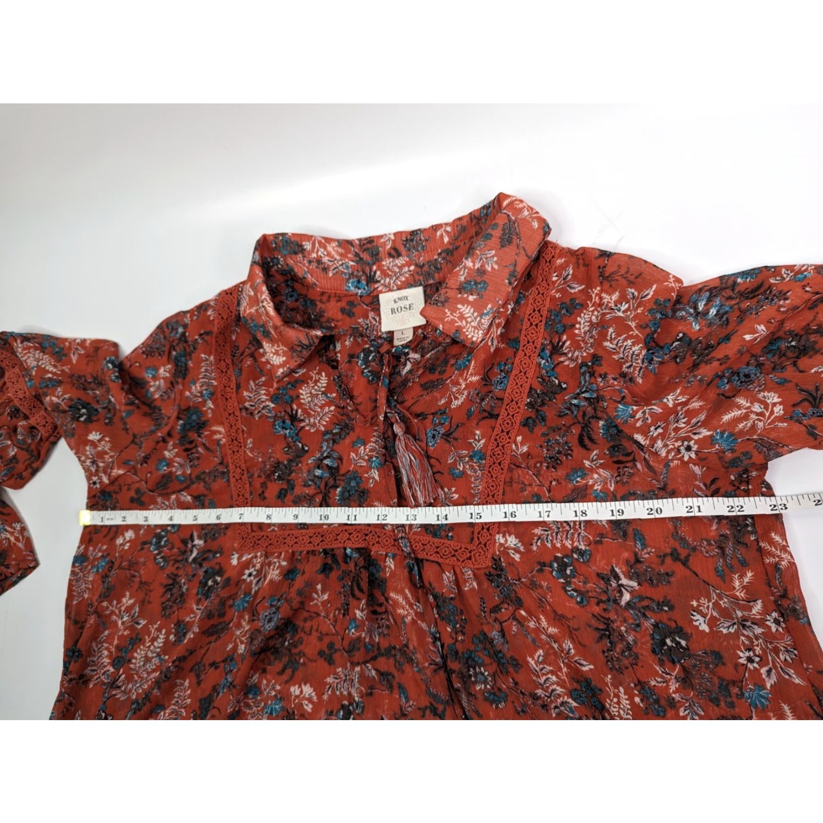 Vintage Knox Rose Blouse Terracotta Floral Sheer Long Bell Sleeve V Neck Tassel Women's L Size L / US 10 / IT 46 - 6 Thumbnail
