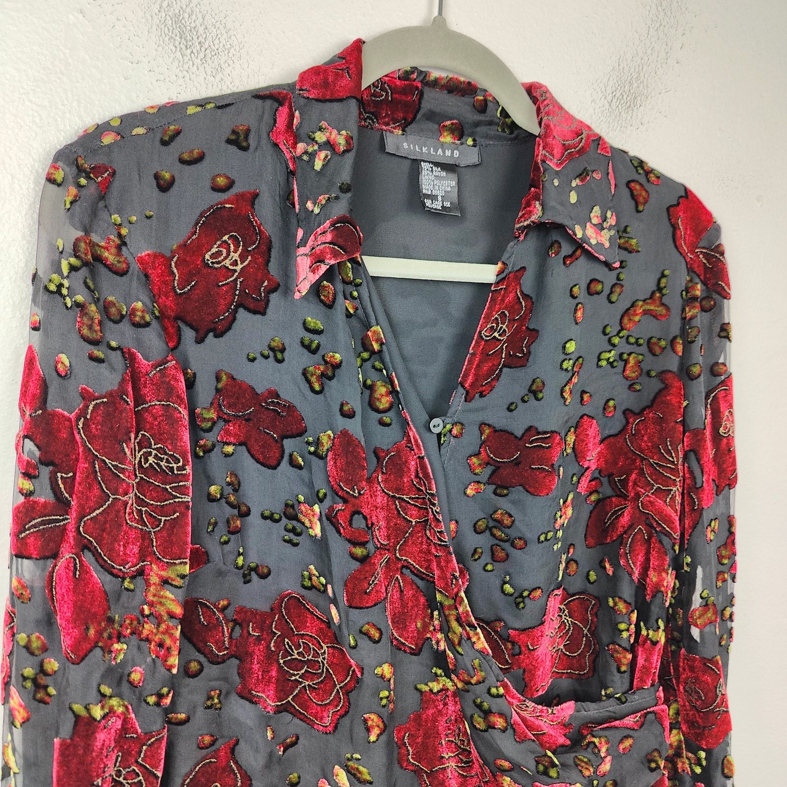 Other Vintage 90s Silkland Wrap Top Womens 8 Black Red Velvet Size M / US 6-8 / IT 42-44 - 2 Thumbnail