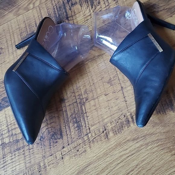 Calvin Klein Calvin Klein Grecia Black Leather Sz. 10 Heeled Mules Shoes Size US 10 / IT 40 - 3 Thumbnail