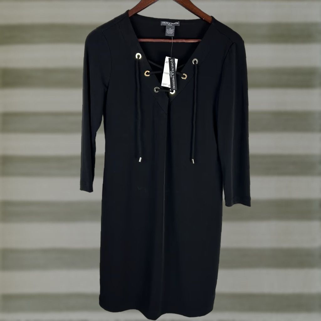 Vintage Chelsea Theodore Womens Black Med Lace Up Front Shift Dress Long Sleeve Stretch Size M / US 6-8 / IT 42-44 - 1 Thumbnail