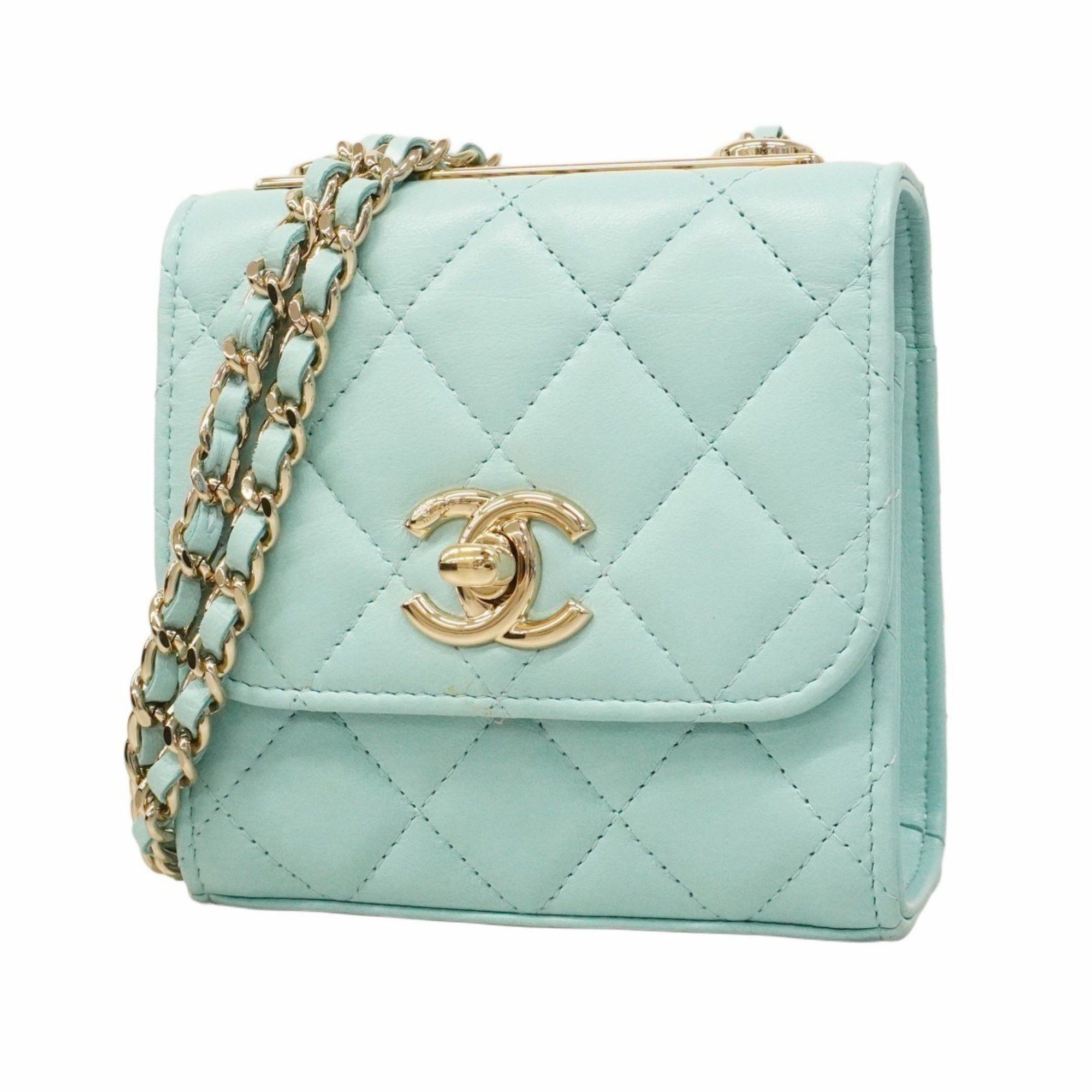 Chanel Shoulder Bag Mini Matelasse Chain Lambskin Mint Blue Champagne Ladies, Women's