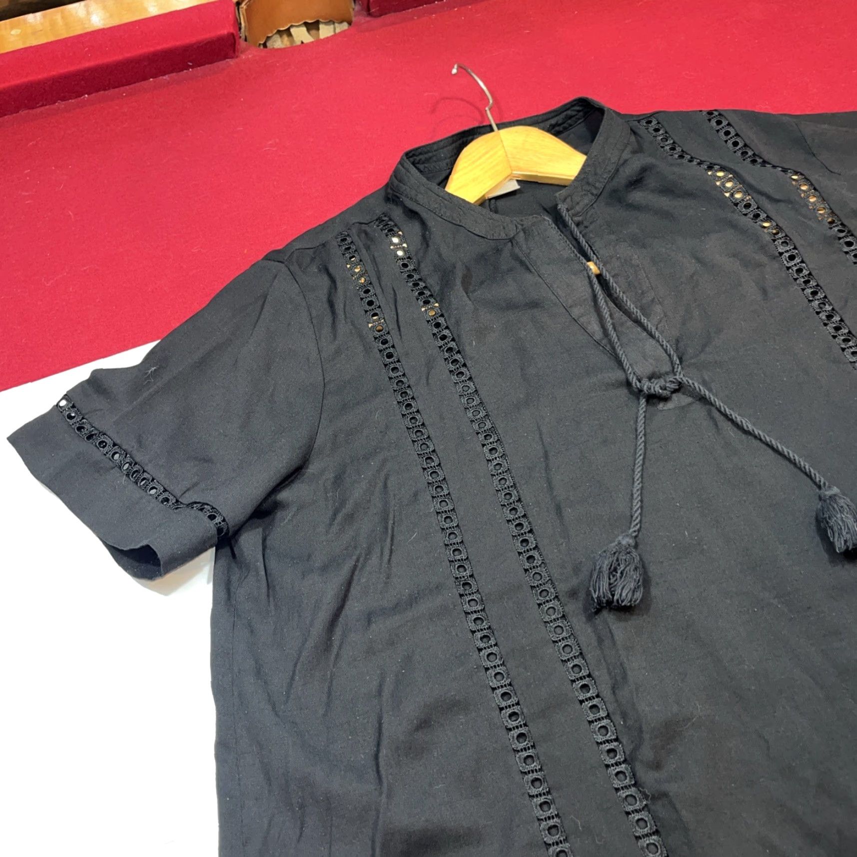 Vintage Time And Tru BLACK DRESS Cover Up V Neck Tie Tassel Ruffle Hem Cut Outs 1X 16-18 Size XL / US 12-14 / IT 48-50 - 6 Thumbnail