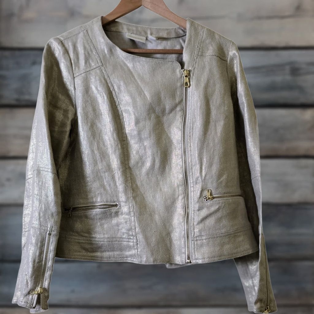 Vintage Chico's Jacket Womens 1 Medium Champagne Gold Metallic Linen Asymmetric Zip Size ONE SIZE - 1 Thumbnail