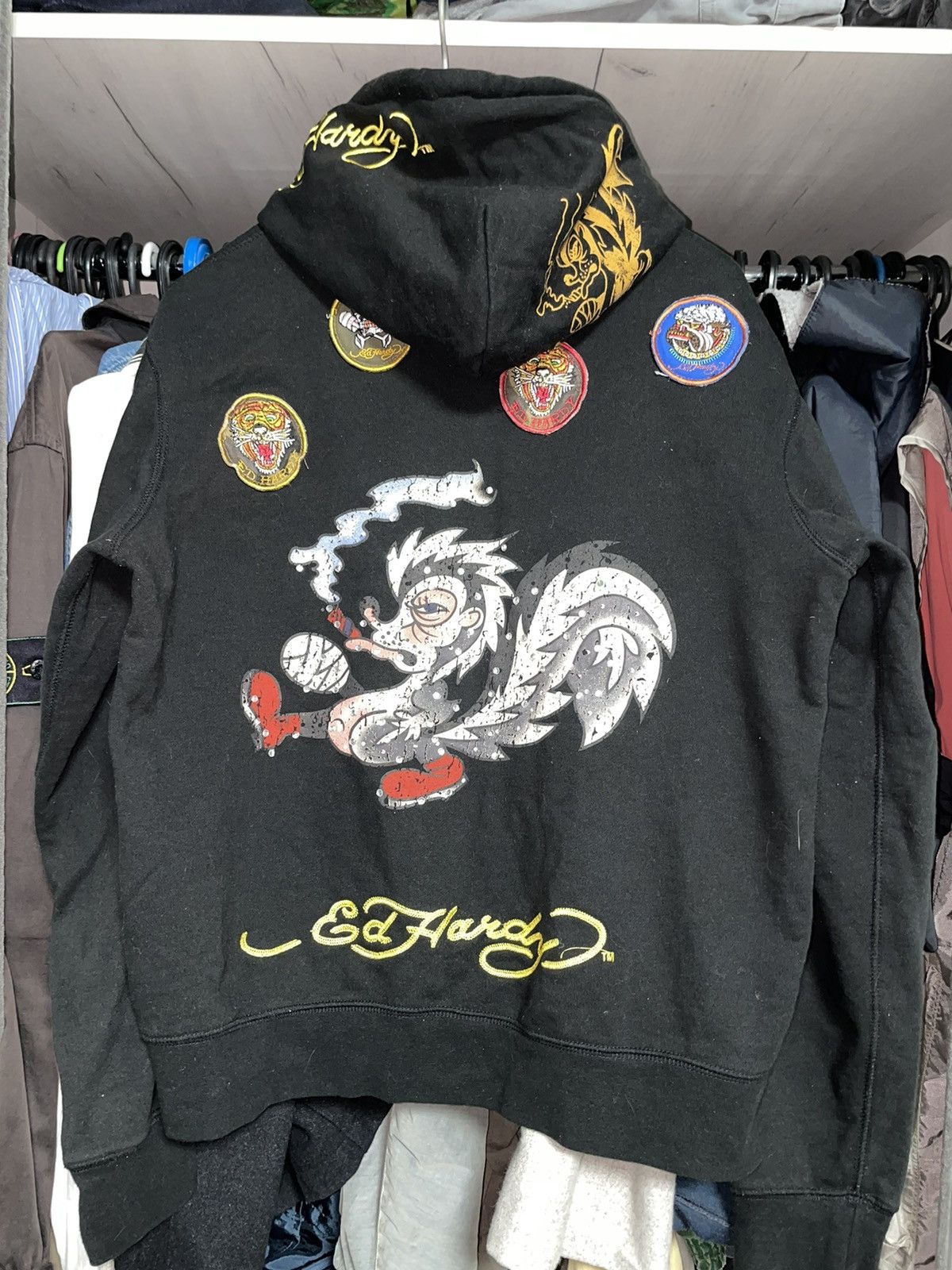 image of Ed Hardy By Christian Audigier Big Logo Zip Hoodie in Black, Men's (Size Medium)