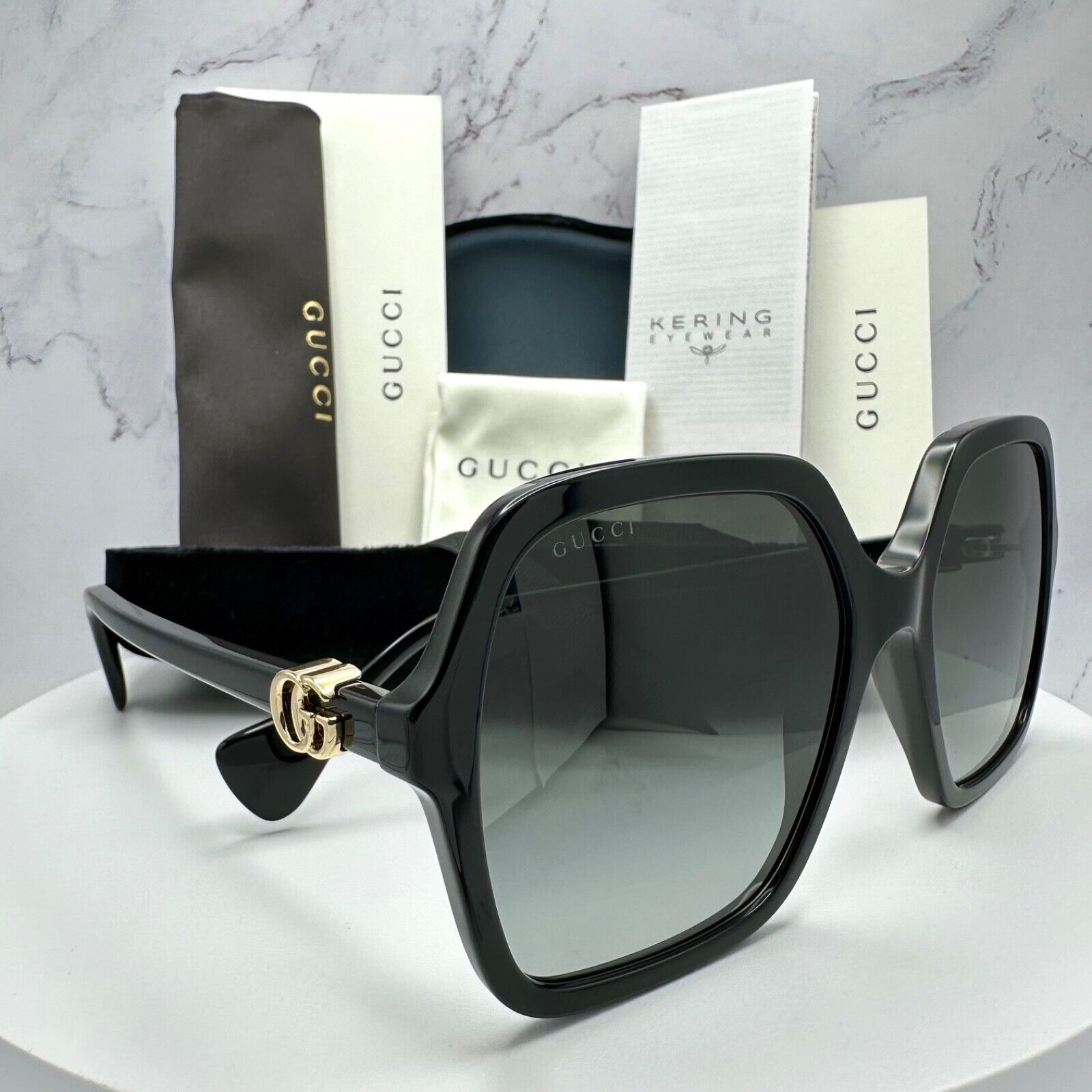 Gucci GUCCI Sunglasses New Black Oversized Acetate Gold Metal Logo Size ONE SIZE - 1 Thumbnail